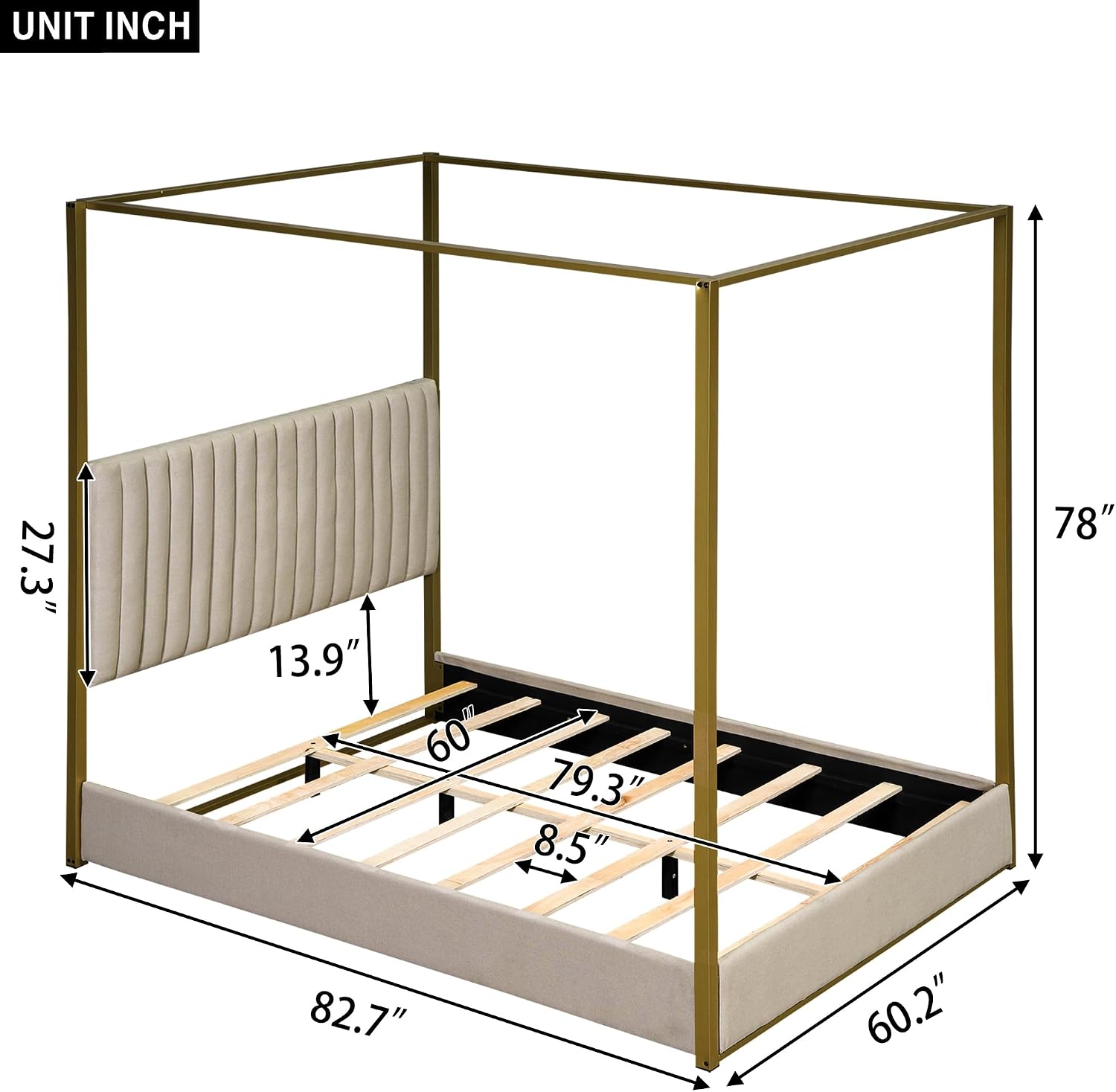 Modern 4-Poster Canopy Platform Bed Queen Size with Channel Upholstery Tufted Headboard, Gold Metal Canopied Design Platform Bed Frame with Strong Slats Support (Beige+U)