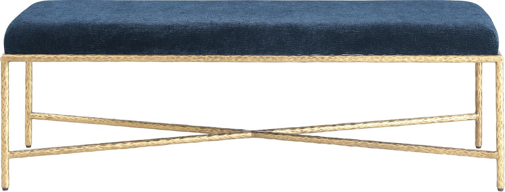 Meridian Furniture 22064Navy Valley Collection Modern | Contemporary Bench with Soft Navy Chenille Fabric, Brushed Brass Forged Iron Metal Legs and Frame, 54' W x 18' D x 18' H, Navy