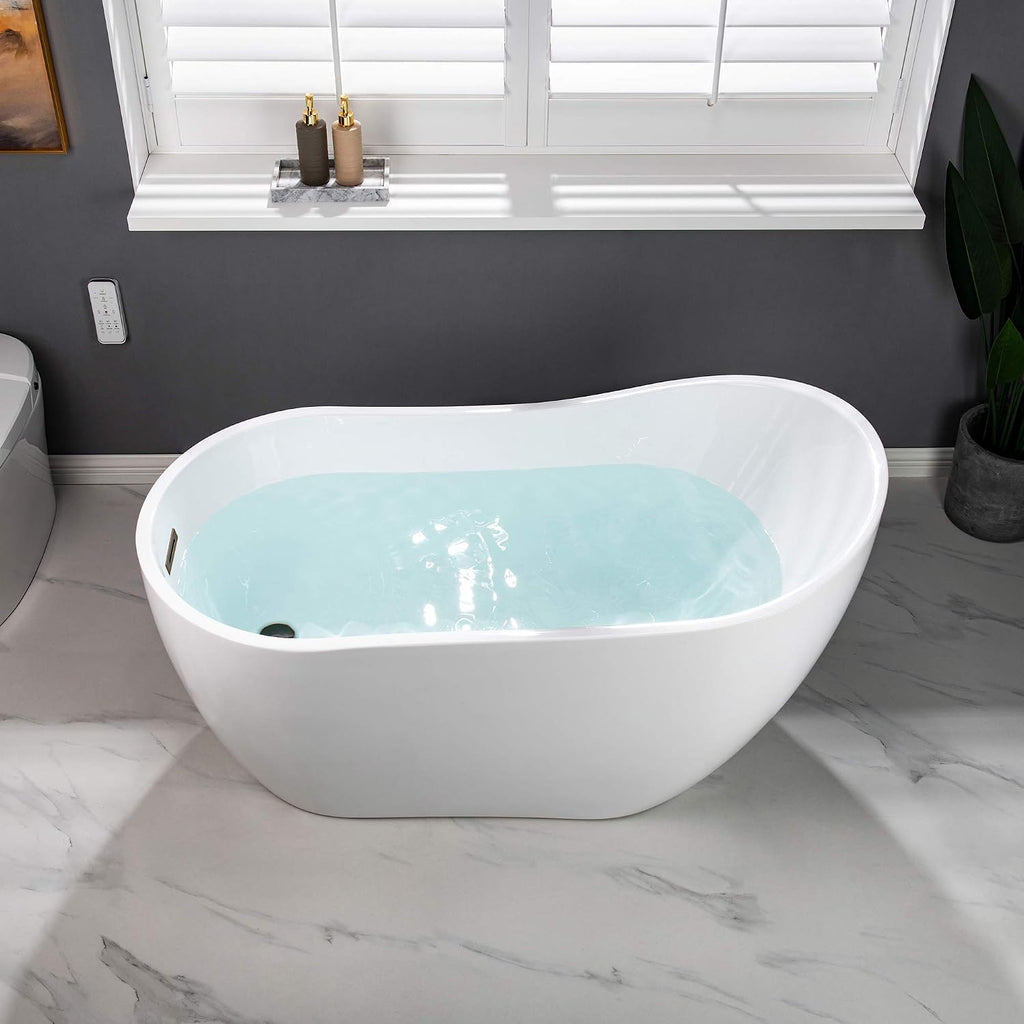 WOODBRIDGE 54' Acrylic Freestanding Bathtub Contemporary Soaking White Tub with Oil Rubbed Bronze Overflow and Drain，BTA1507 -ORB-Drain &O