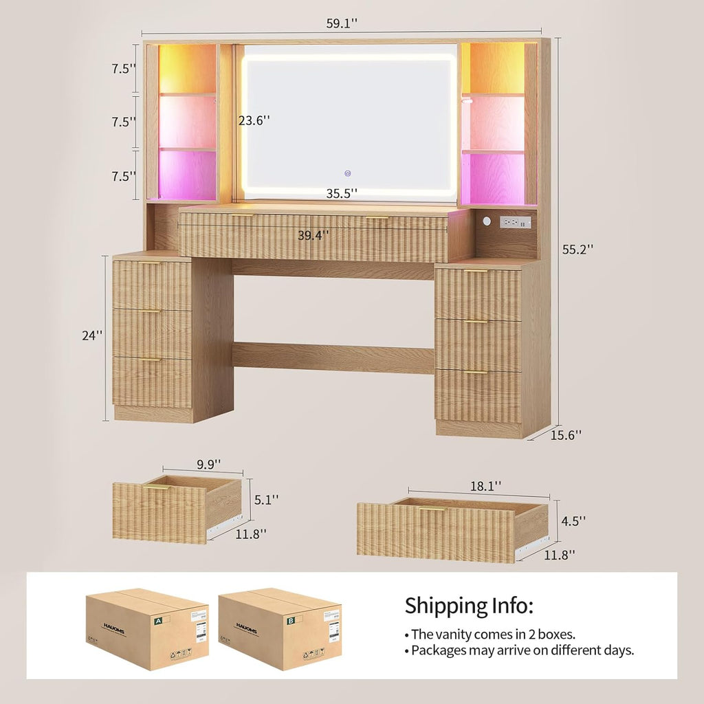 HAUOMS Big Vanity, Fluted Wood Makeup Vanity Desk with Mirror and Sound Sync LED Lights, Large Vanity Dressing Table, 8 Drawers, Charging Station for Girls, Women (Oak, 59.1' Width)