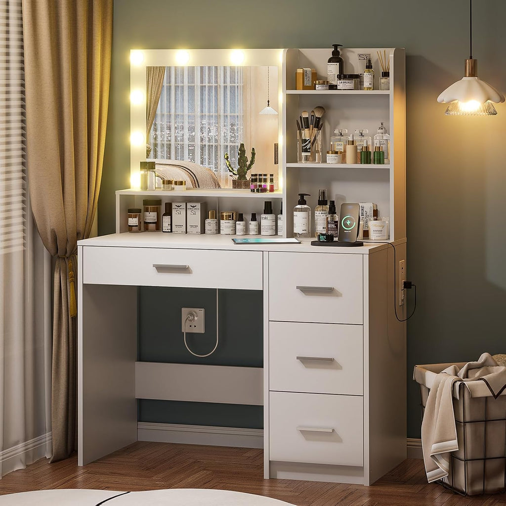 DINGIPP Vanity Desk with Lighted Mirror and Charging Station, Makeup Vanity with 4 Drawers & Storage Shelves,Makeup Desk 3 Color Lights Modes Available, Bedroom Dressing Table for Women, Girls