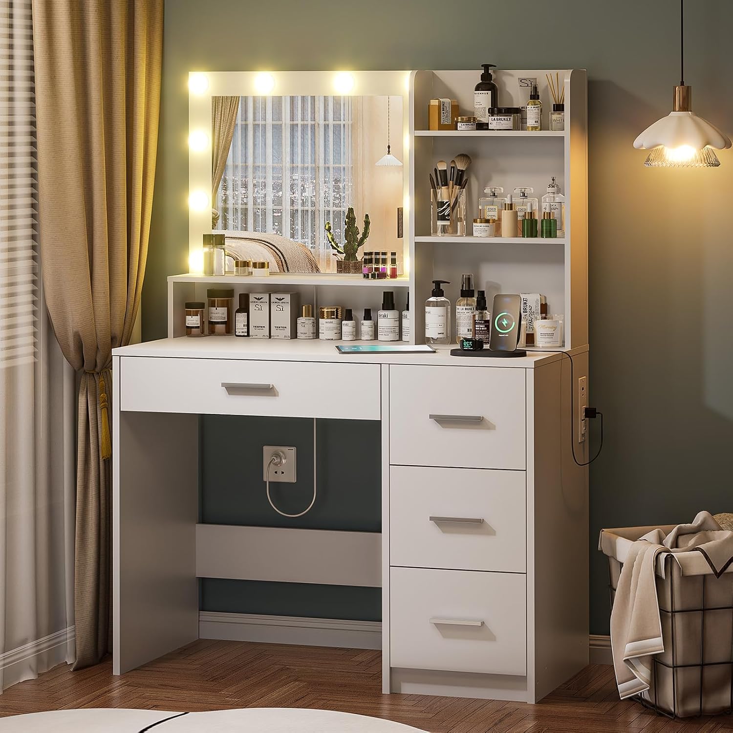 DINGIPP Vanity Desk with Lighted Mirror and Charging Station, Makeup Vanity with 4 Drawers & Storage Shelves,Makeup Desk 3 Color Lights Modes Available, Bedroom Dressing Table for Women, Girls