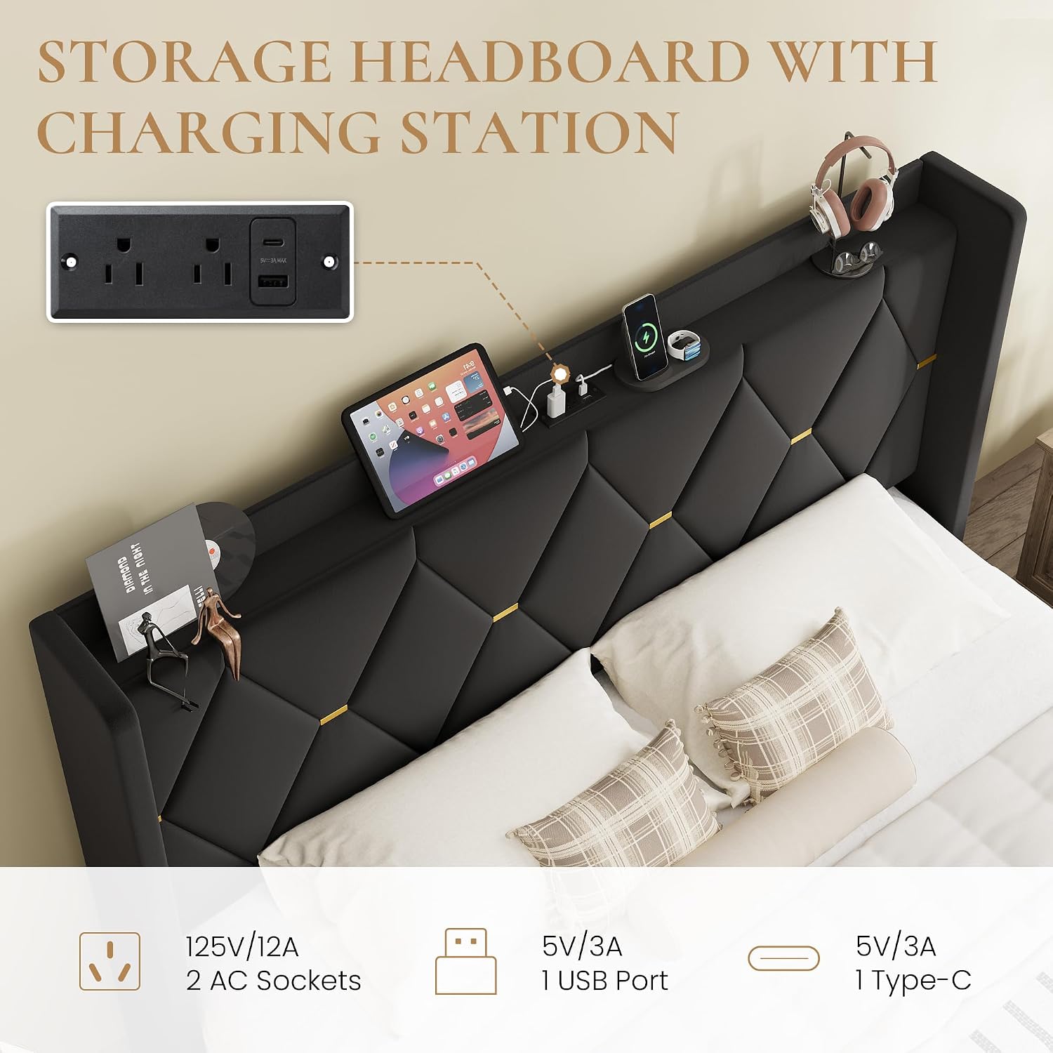 SHA CERLIN King Size Velvet Upholstered Bed Frame with Charging Station, Modern Wingback Storage Headboard, Diamond Stitched & Gold Trim, No Box Spring Needed, Easy Assembly, Black