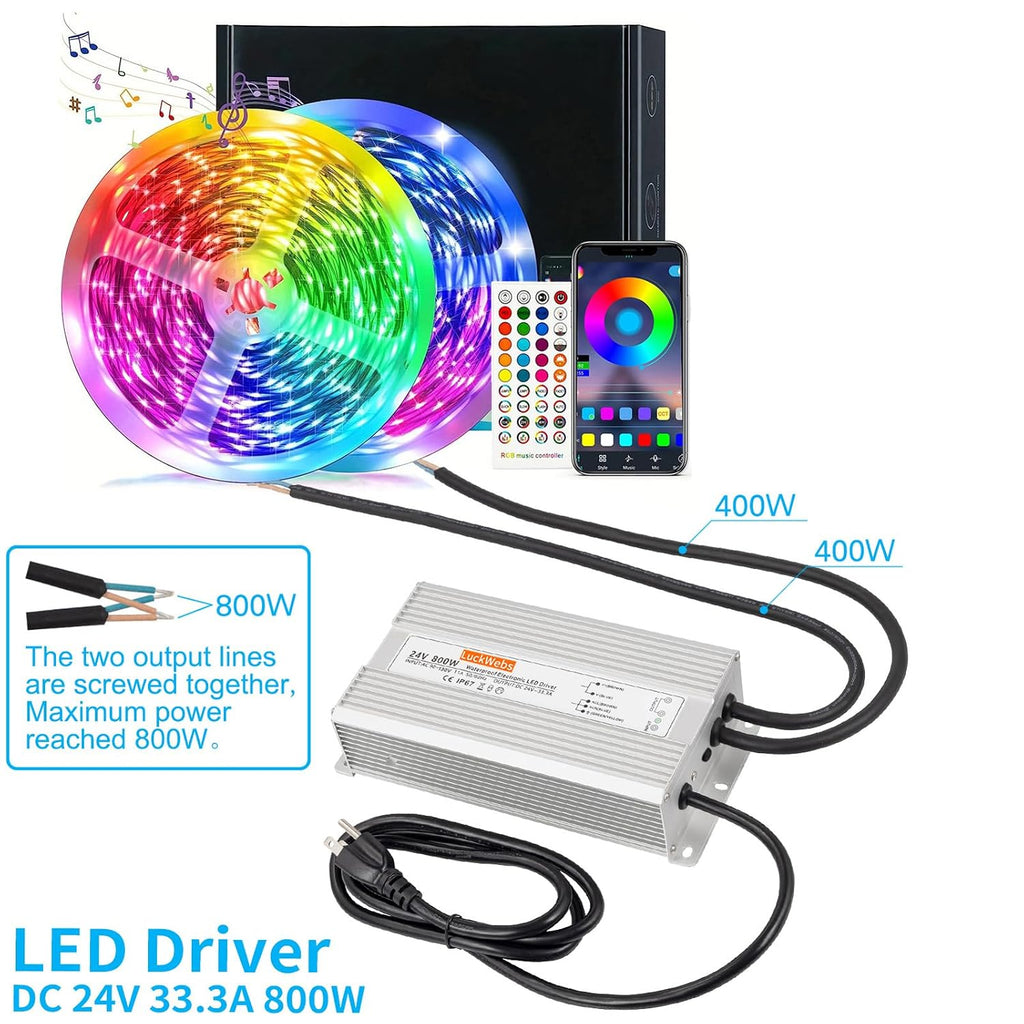 LED Driver 24V 800W Waterproof Power Supply AC 90-130V to DC 24V33.3A Switching Power Supply IP67 Low-Voltage Transformer Suitable for Outdoor LED Lighting Fixtures and Any 24V DC Equipment