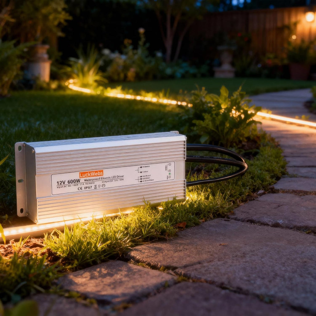 LED Driver 12V 600W Waterproof Power Supply AC 90-130V to DC 12V50A Low-Voltage IP67 Switching Power Supply Outdoor LED Garden Landscape Lights LED Strip Light Spotlights Transformer