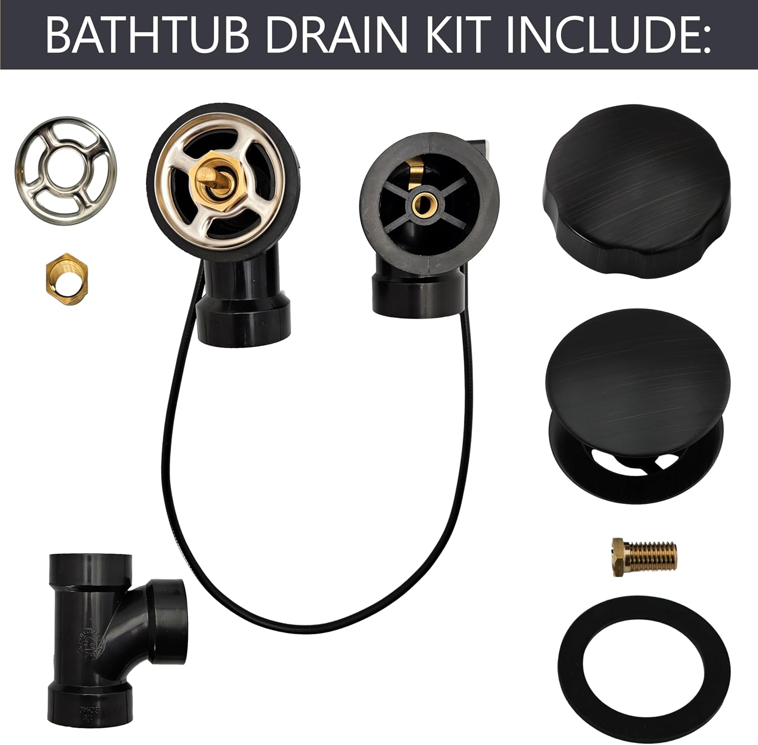Westbrass A50A35-12A 35' SCH. 40 ABS Cable Driven Bath Drain Trim Kit with Rotary Overflow Cover Knob and Pop-Up Stopper, Antique Bronze