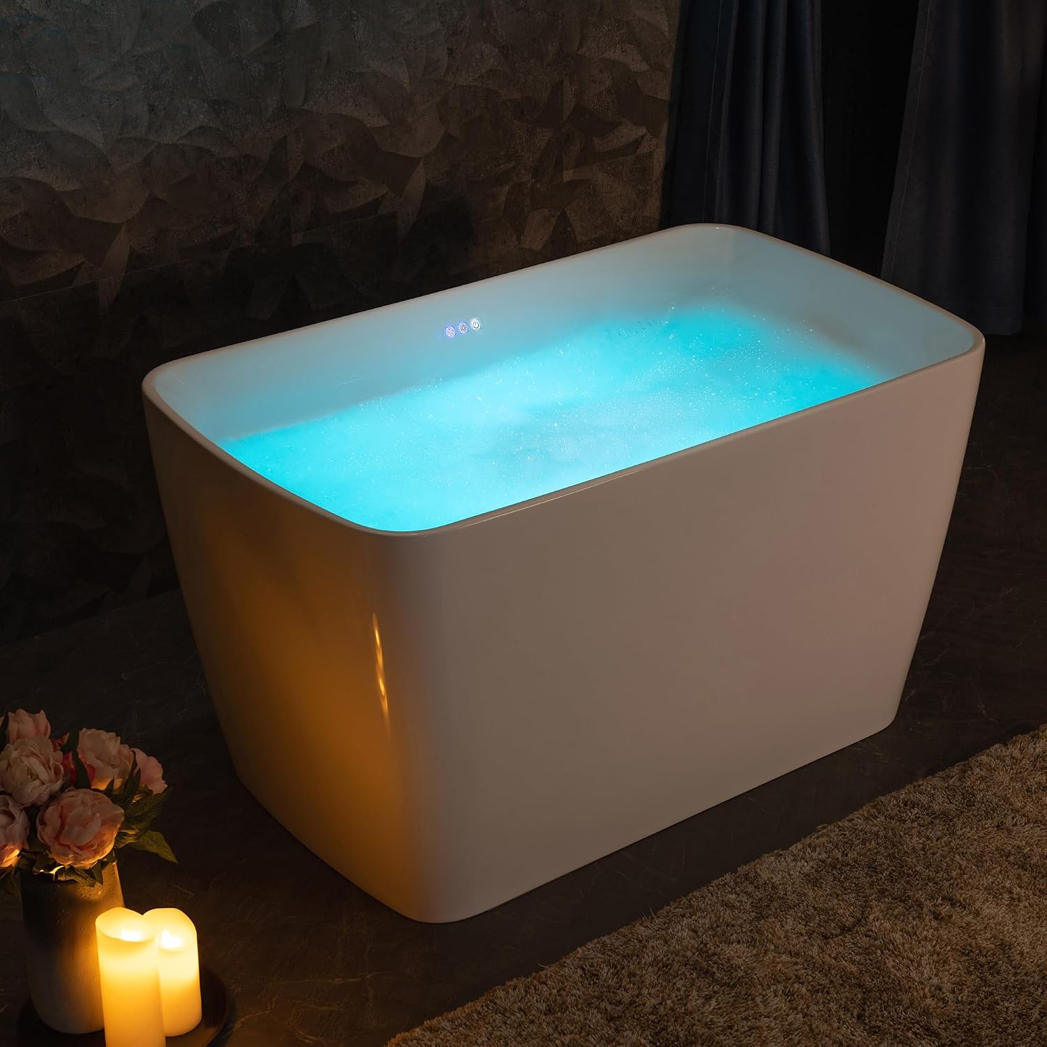 WOODBRIDGE 48' Acrylic Freestanding Rectangular Air Bath Bathtub with Pre-molded Seat and Brushed Nickel Pop-Up Drain and Overflow Option, White, B0170-B