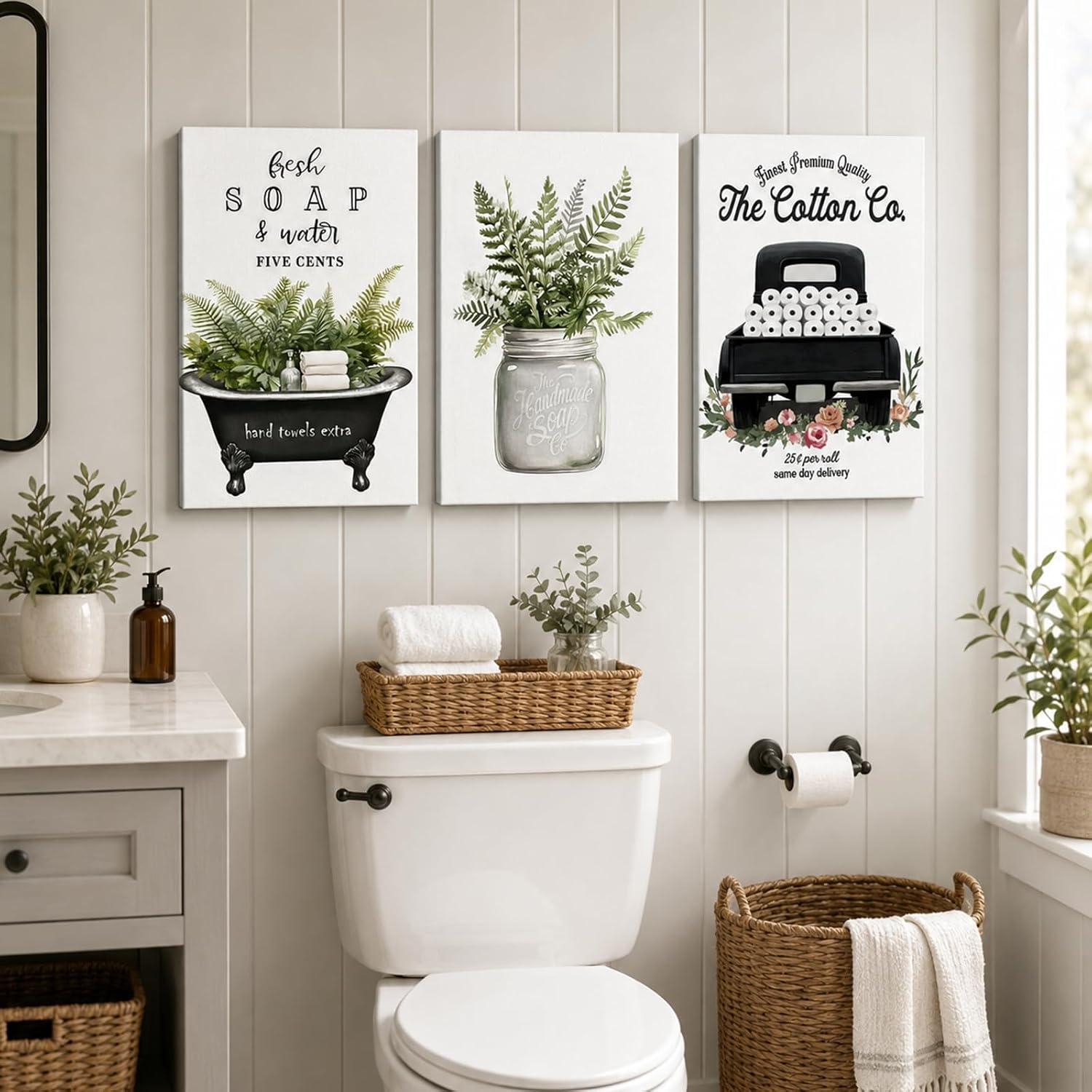 3 Piece Farmhouse Bathroom Decor Wall Art-Rustic Bathroom Canvas Print for Country Room Wall Decor, Rustic Botanical Bathtub Bathroom Decor, Vintage Framed Botanical Artwork for Bathroom 24'x36'x3Pcs