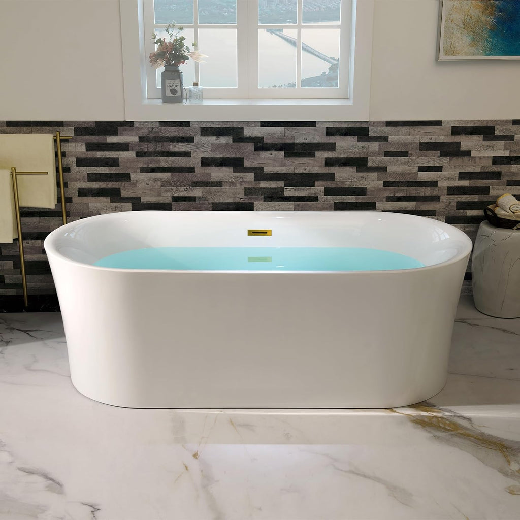 WOODBRIDGE 67' Acrylic Freestanding Bathtub Contemporary Soaking Tub with Brushed Gold Overflow and Drain,White Tub,B0057-BG