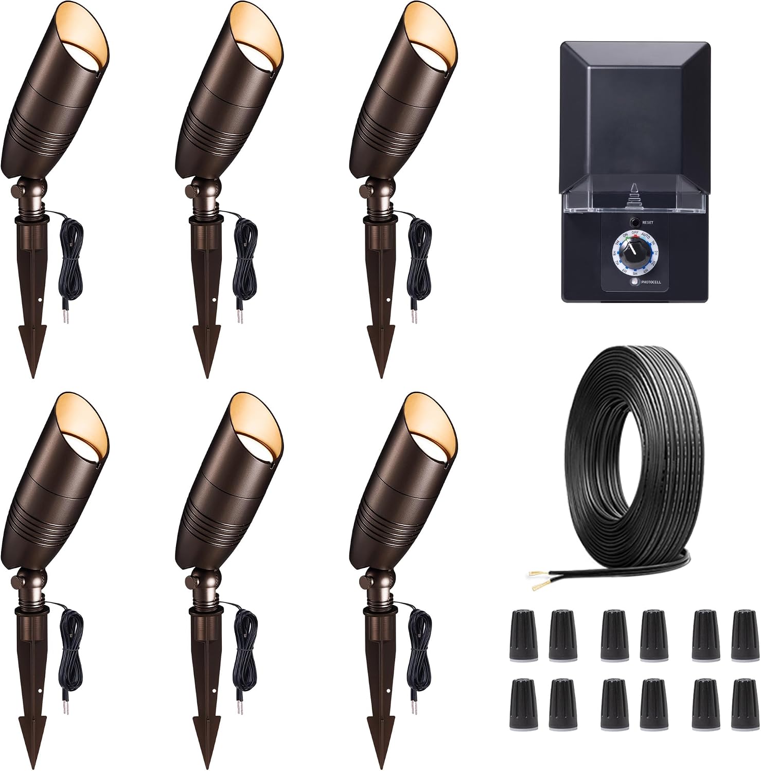 Landscape Light Kit, 6 Pack 3CCT Selectable Spot Light and 100W Low Voltage Transformer and 100FT Cable and 30 Wire Connectors, Aluminum ORB Waterproof LED Uplight for Garden Flag Wall