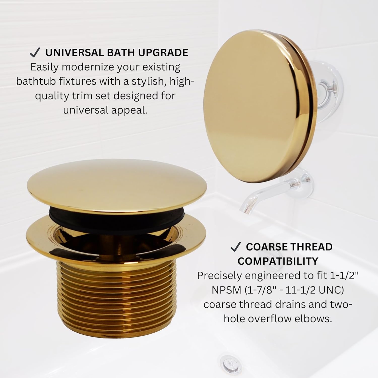 Westbrass A325H-01 14' Brass Bath Waste & Overflow Assembly with European Tip-Toe Drain Plug and Illusionary Faceplate, Polished Brass