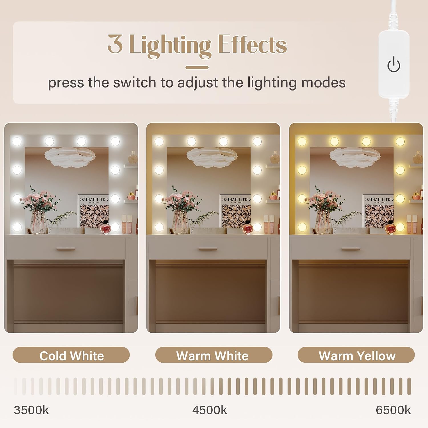 JUMMICO 35.4' Vanity Desk with Mirror and Lights - LED Makeup Vanity Table with Charging Station, 3 Color Adjustable Lights, 3 Drawers & Large Cabinet with Shelves for Bedroom Dressing Room (White)
