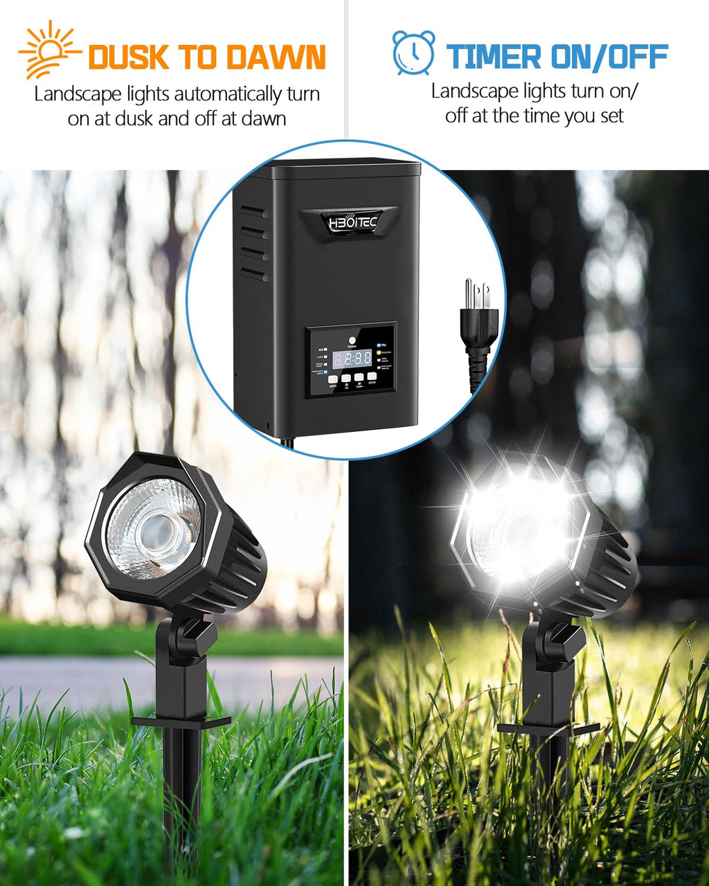 HIBOITEC 500W Low Voltage Landscape Transformer, Outdoor Lighting Transformer with Photocell Sensor and Timer, 120V AC to 12V/15V AC Weatherproof Transformers for Spotlights Path Lights