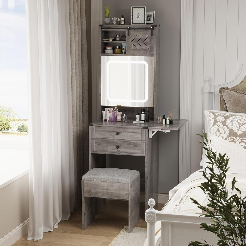 ARTETHYS Farmhouse Small Vanity Desk Set with Mirror Cabinet Compact Makeup Vanities Set with 3 Adjustable Lights and Storage Chair for Compact Space, Gray Dressing Table with Fold-up Panel