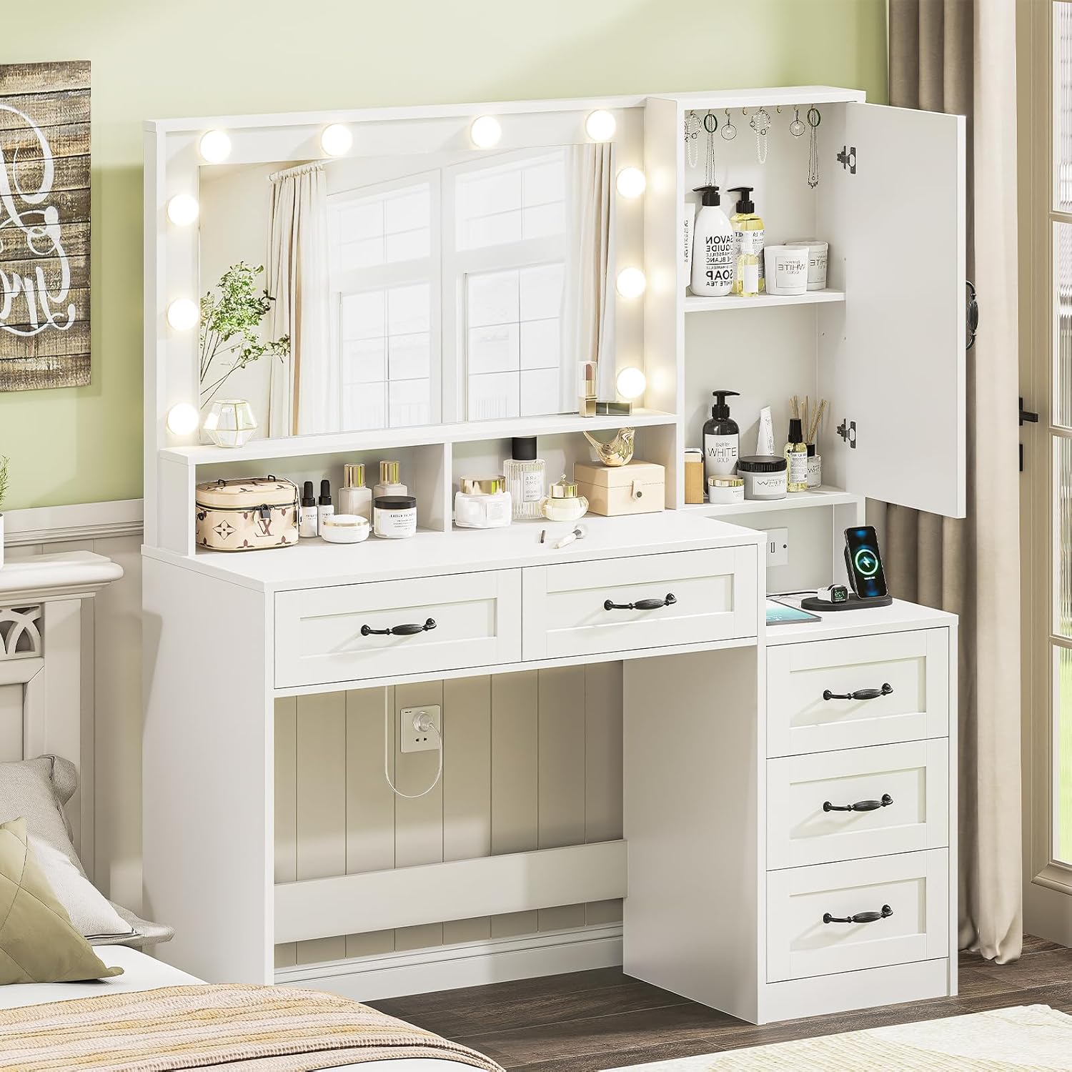 Farmhouse Makeup Vanity with Lighted Mirror, 45.3'' Vanity Desk with Charging Station, 5 Drawers & Open Shelves, Vanity Table Makeup Desk with 1 Cabinet & 9 Hooks for Bedroom (White)