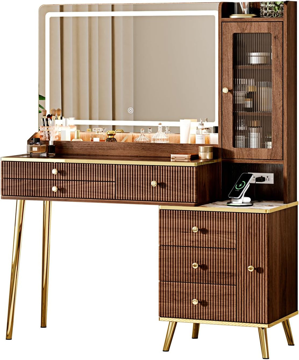 Arulvmrn Vanity Desk with 35.12' HD Lighted Mirror, 46.85' Big Modern Vanity Desk with Mirror and Lights, Makeup Vanity with 7 Drawers and Storage Shelves and Charging Station, Walnut