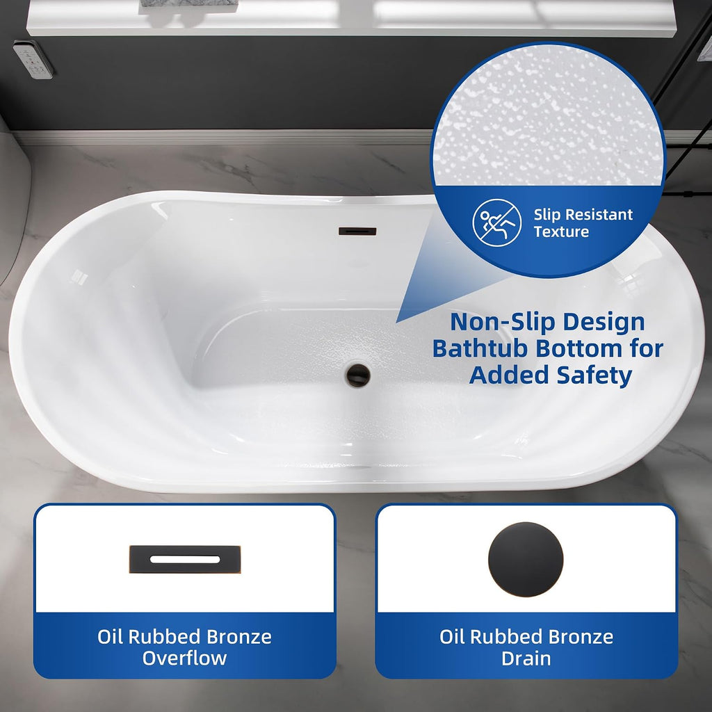 WOODBRIDGE 59' Acrylic Freestanding Bathtub Contemporary Soaking White Tub with Oil Rubbed Bronze Overflow and Drain,B0016-ORB