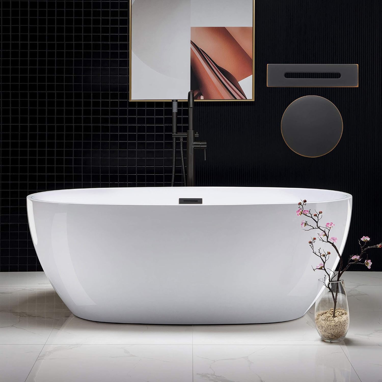 WOODBRIDGE 67' Acrylic Freestanding Bathtub Contemporary Soaking White Tub with Oil Rubbed Bronze Overflow and Drain，BTA1528-ORB