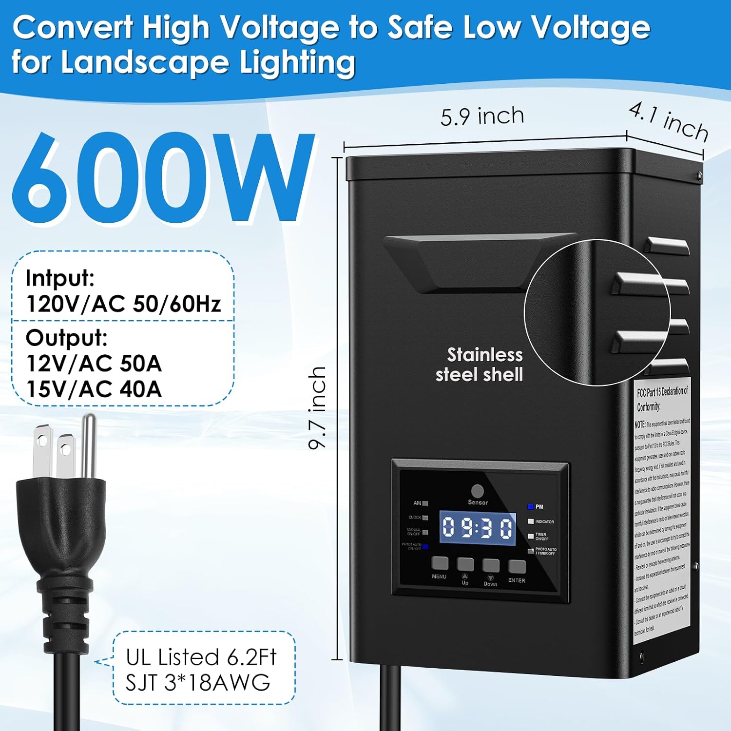 600W Low Voltage Landscape Transformer with Timer & Photocell for Landscape Lighting, 120V to 12V/15VAC, Stainless Steel, Weatherproof for Outdoor Landscape Lights,Yard Lights,Garden Lights