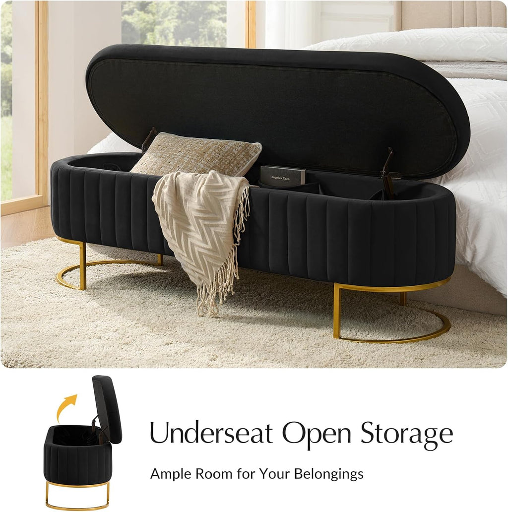 55.5' Velvet Upholstered Storage Bench with Channel Tufted Seat and Metal Legs, Multi-Functional Ottoman with Interior Organizer Pockets for Bedroom and Entryway, Flipping Lid Large Window Bench