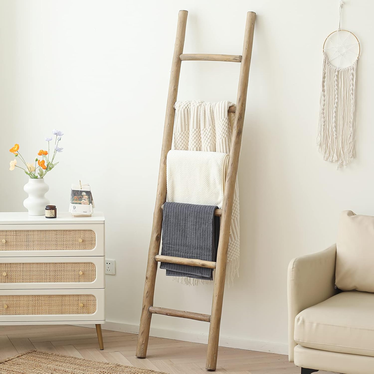 FUIN Fully Assembled 6ft Wood Blanket Ladder Living Room Decorative Wall Leaning Farmhouse Quilt Display Holder Rustic Wooden Towel Rack for Bathroom, Brown
