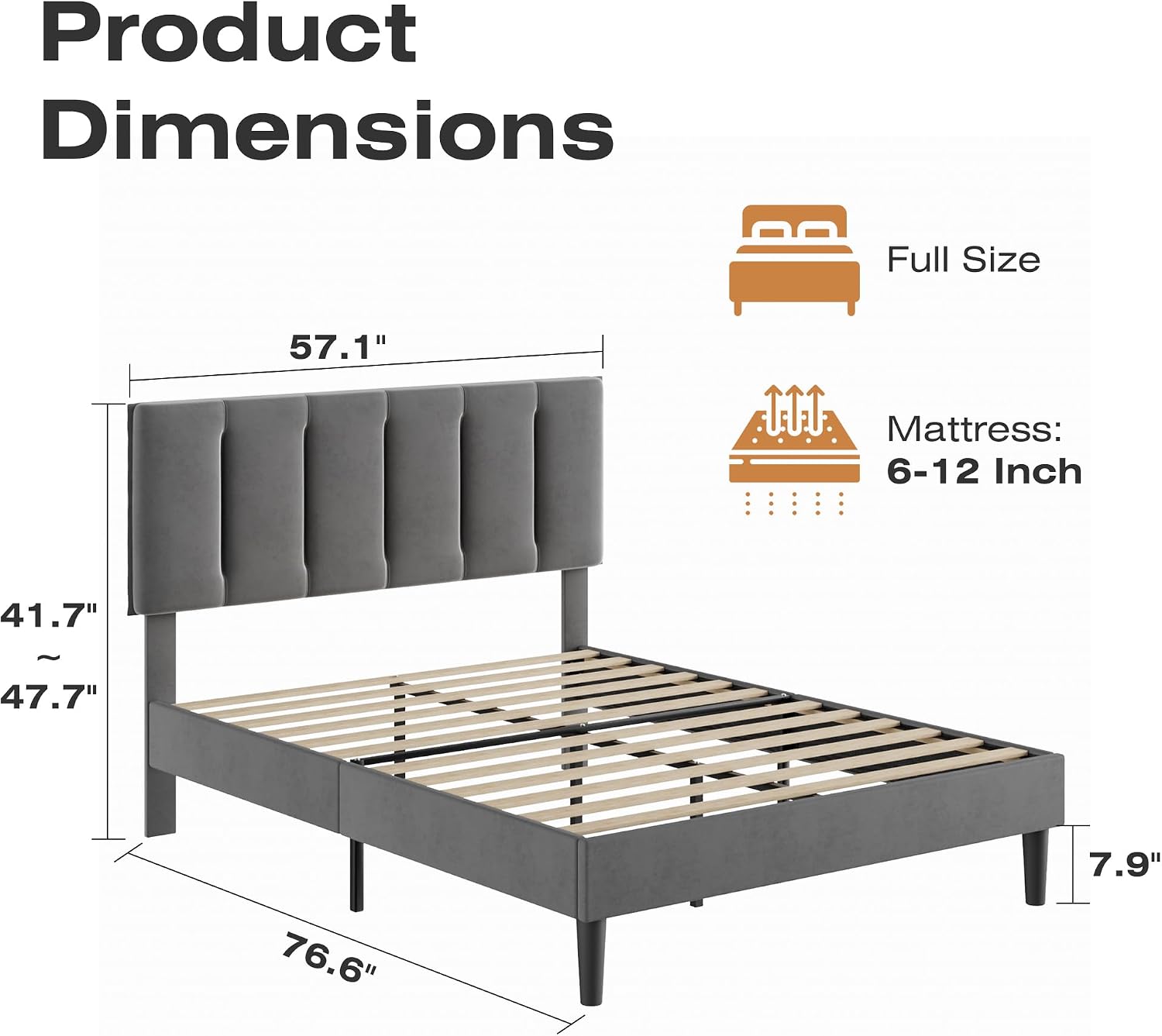 VECELO Full Size Bed Frame with Upholstered Headboard, Platform Bedframe with Strong Wooden Slats Support, No Boxing Spring Needed, Dark Grey