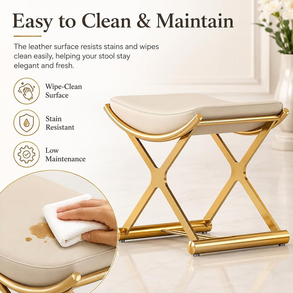 Modern Bathroom Vanity Stool Makeup Chair - Backless Leather Vanity Bench Seat with Metal X Legs, Small Ottoman Footstool for, Bedroom, Living Room, Dressing Room, Gold