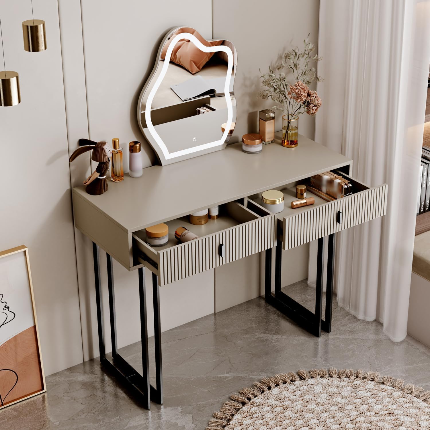Ieejdn Morandi Gray Vanity Desk with Mirror and Lights,Small Makeup Vanity with 2 Drawers，Modern Makeup Table with Adjustable Cabinet for Bedroom,Makeup Room