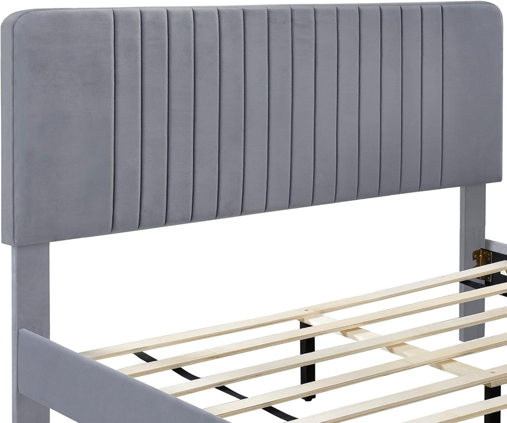 KLMM Modern Queen Size Upholstered Platform Bed, No Box Spring Needed, Velvet Fabric, Suitable for Bedroom Use, Easy to Assemble (Gray#G^)