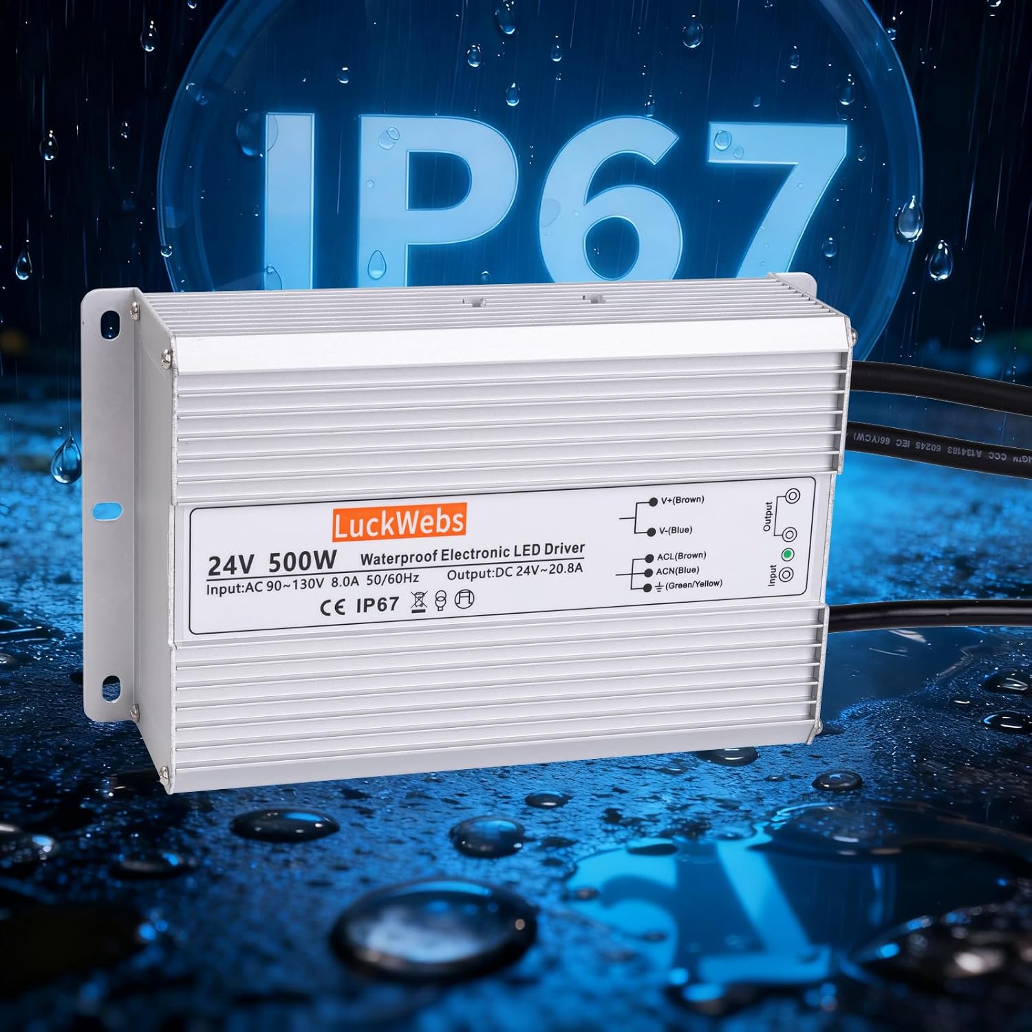 LED Driver 24V 500W Waterproof Power Supply AC90-130V to DC24V20.8A Low-Voltage IP67 Transformer Suitable for Street Lights Lawn Lights LED Outdoor Landscape Lighting Waterproof Transformer