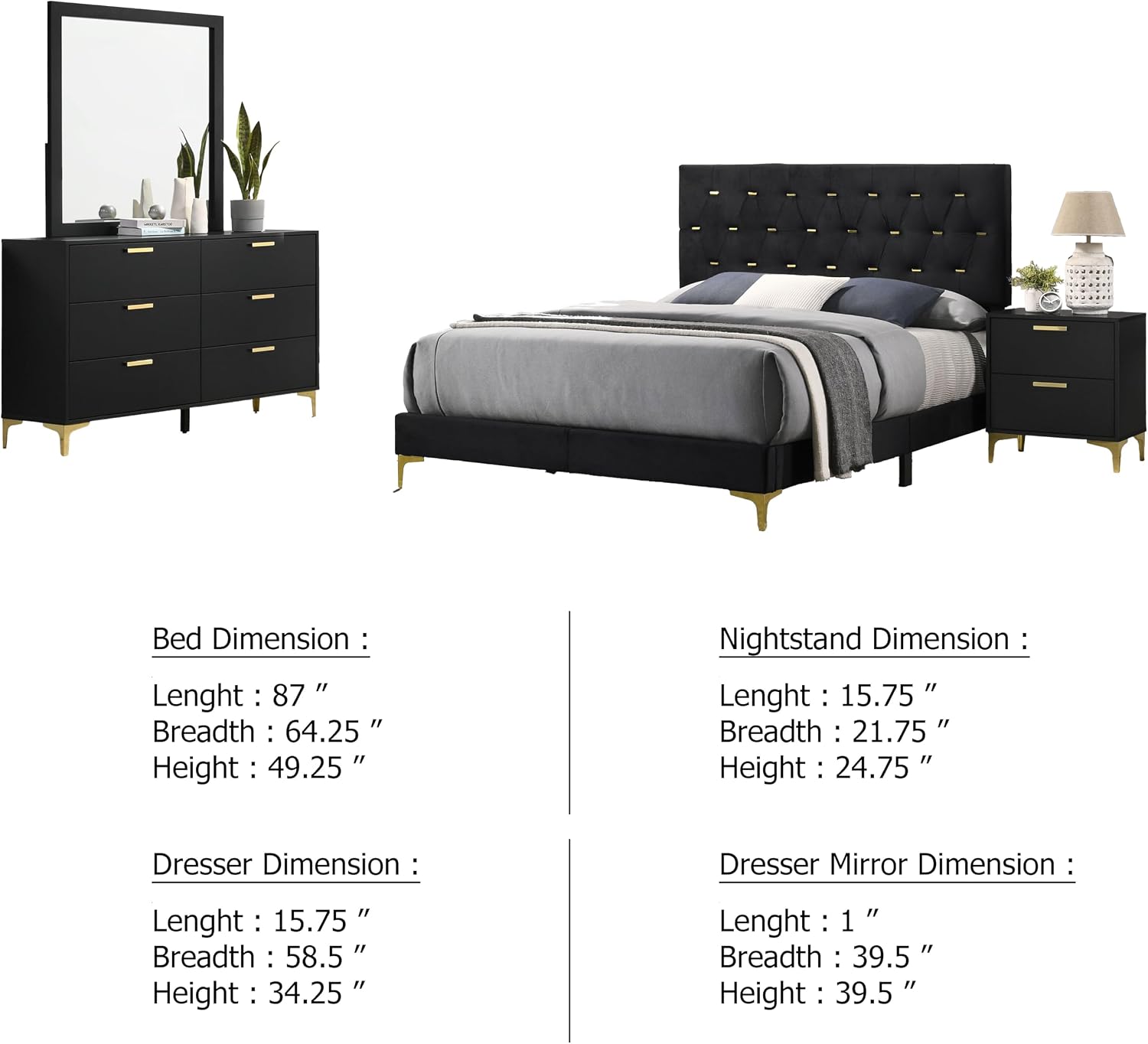 Benzara Dle 4 Piece Queen Bedroom Set, Tufted Black Velvet, Modern Gold Accent