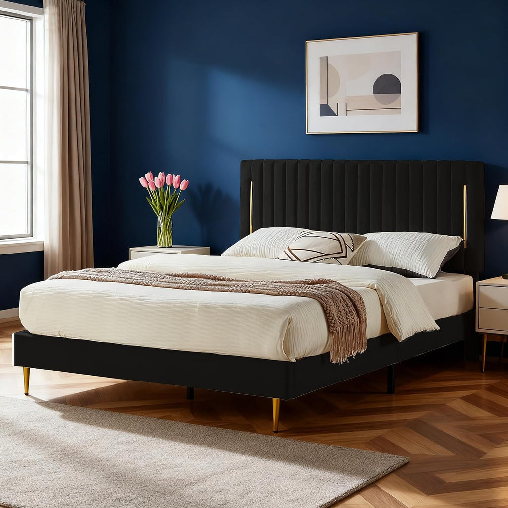 Furnify King Platform Bed Frame, Velvet Upholstered Bedframe with Vertical Channel Adjustable Headboard, Golden Plating Trim, Mattress Foundation with Wooden Slats, No Box Spring Needed, Black