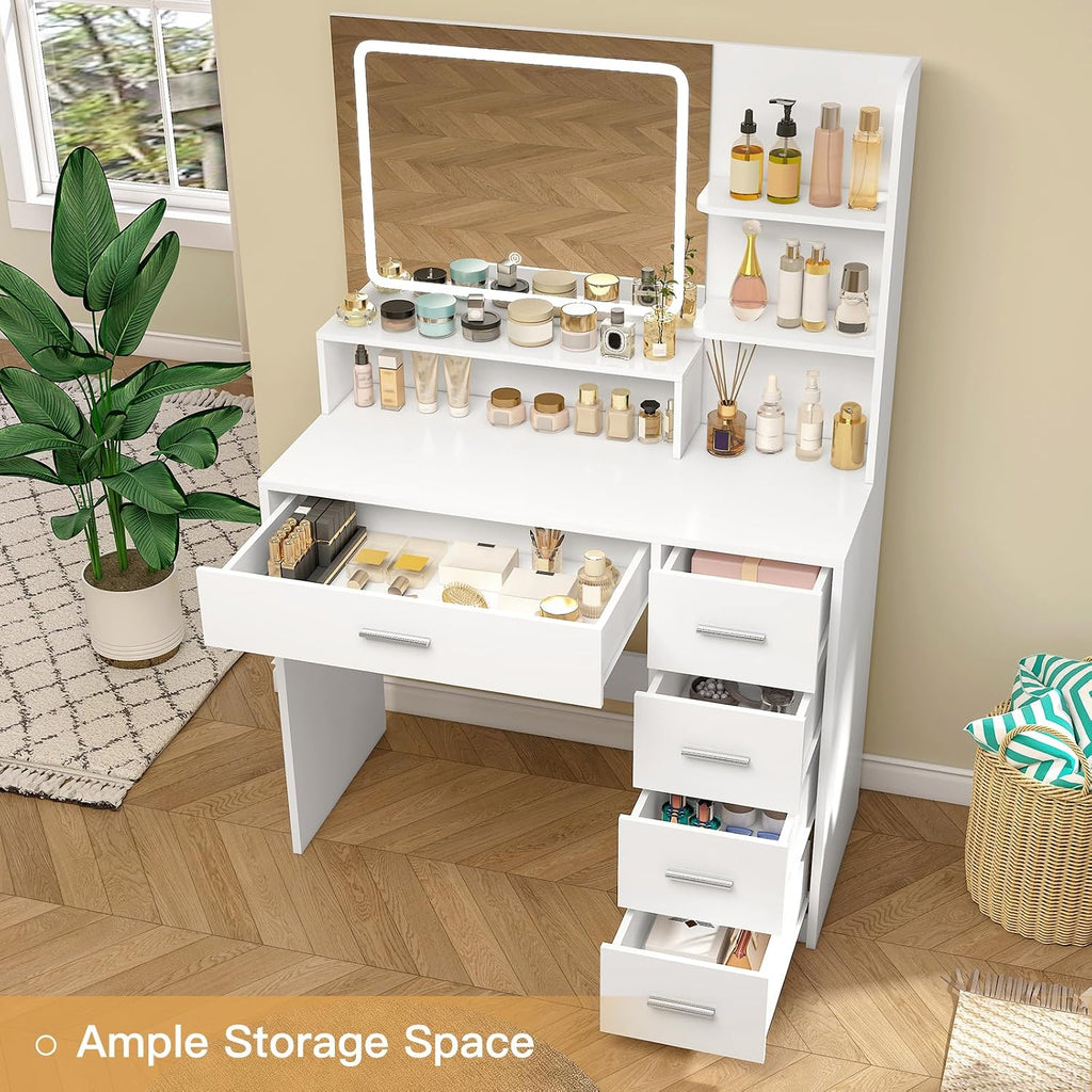 Quimoo Makeup Vanity Desk with LIighted Mirror, Vanity Desk with 5 Drawers & Storage Shelves, Vanity Table, 3 Color Modes & Adjustable Brightness Dressing Table, Bedroom
