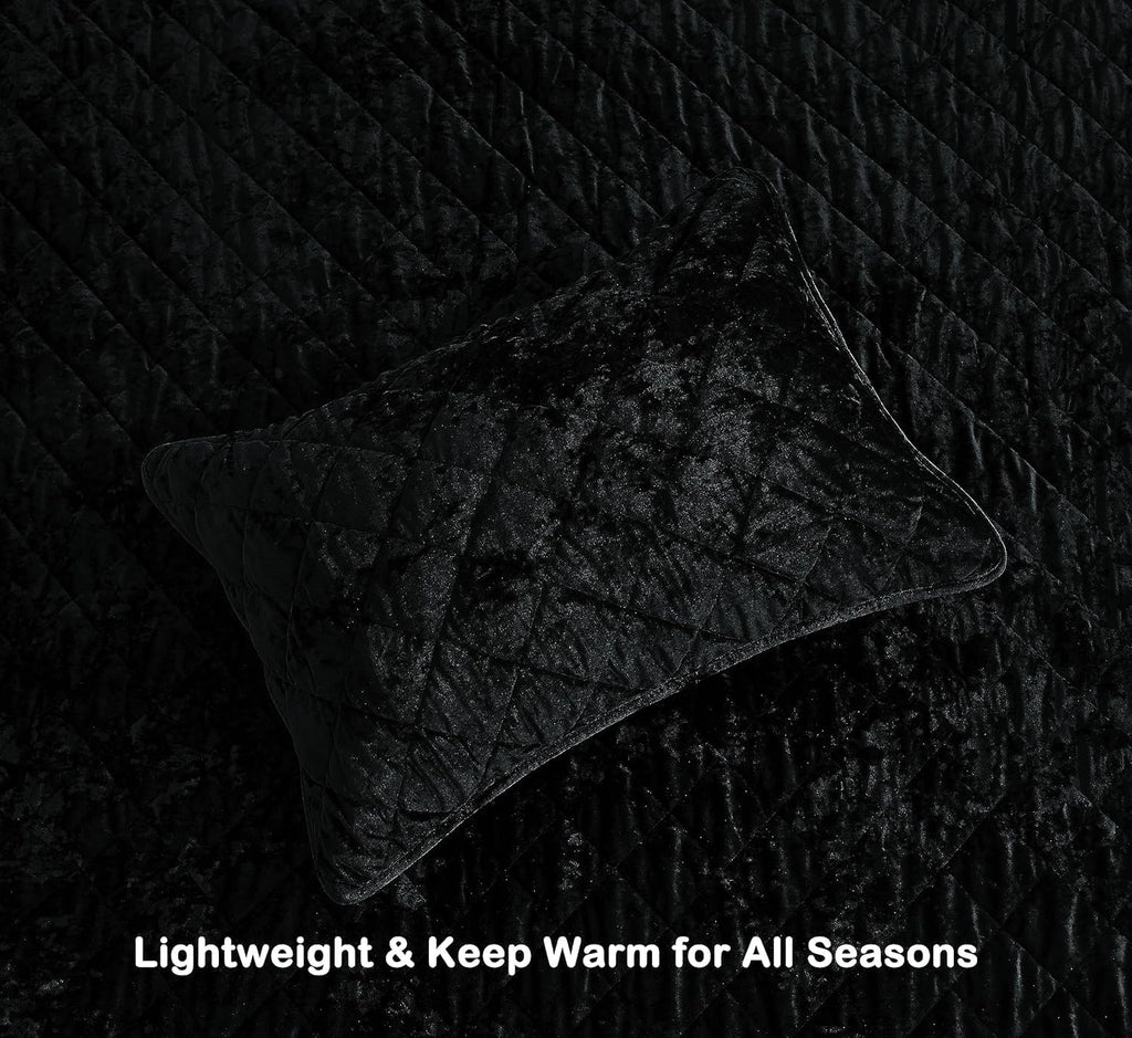 Chezmoi Collection Lux Black Velvet Quilt Oversized King Set, 3-Piece Plush Distressed Velvet Bedding All Season Lightweight Comforter Brushed Microfiber Reverse with Diamond Stitch Quilting