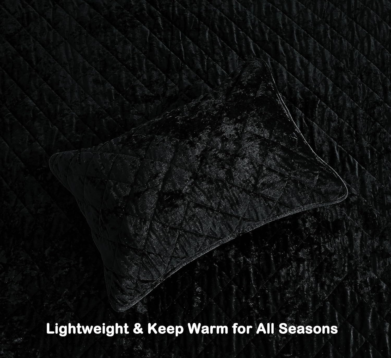 Chezmoi Collection Lux Black Velvet Quilt Oversized King Set, 3-Piece Plush Distressed Velvet Bedding All Season Lightweight Comforter Brushed Microfiber Reverse with Diamond Stitch Quilting