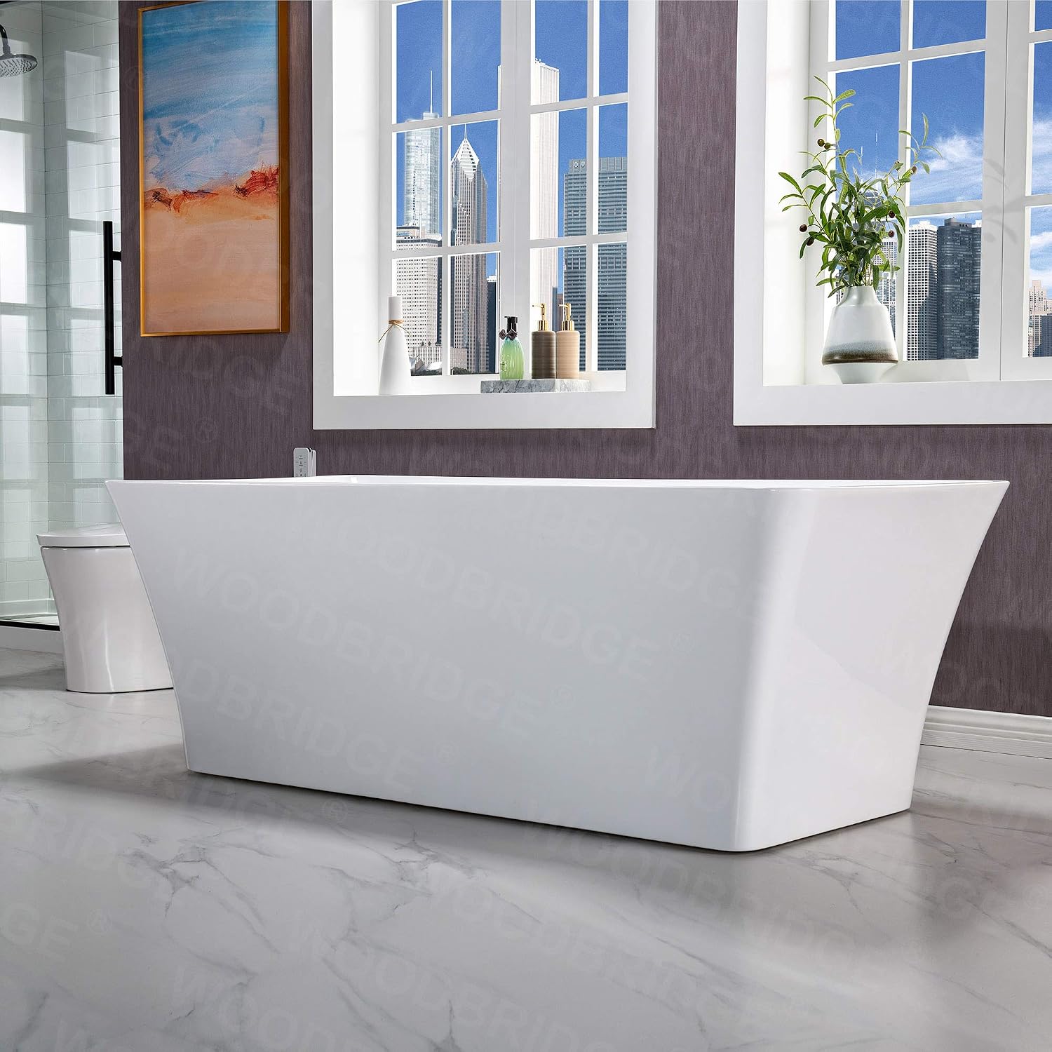 WOODBRIDGE 67' Acrylic Freestanding Bathtub Contemporary Soaking White Tub with Brushed Gold Overflow and Drain，BTS1609 -BG-Drain &O