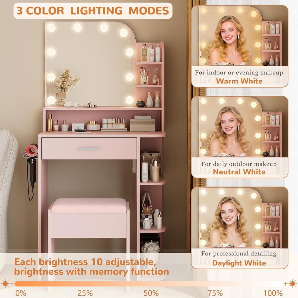 wanan Makeup Vanity with Chair, Small Vanity Desk with Mirror and Lights 3 Colors, Girls Vanity Set with Power Outlet, Compact Vanity Table for Small Space, Pink