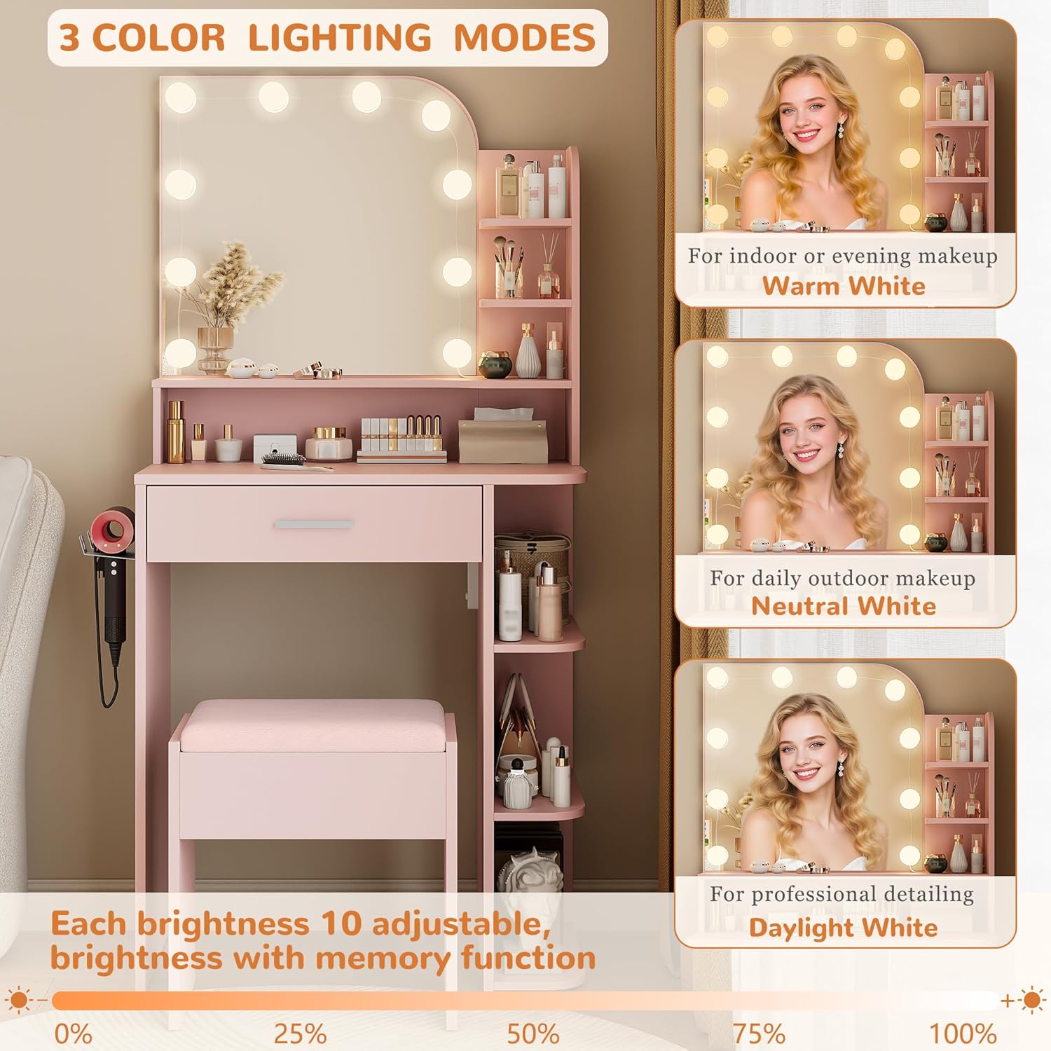wanan Makeup Vanity with Chair, Small Vanity Desk with Mirror and Lights 3 Colors, Girls Vanity Set with Power Outlet, Compact Vanity Table for Small Space, Pink