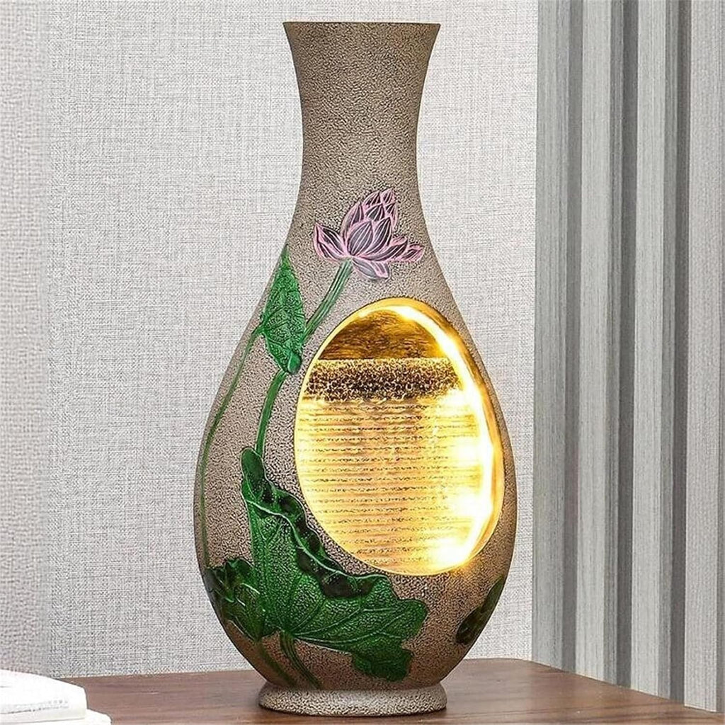 Tabletop Fountain Chinese Style Vase Water Fountain Ornaments Living Room Tea Room Circulating Waterscape Decoration(Brown)