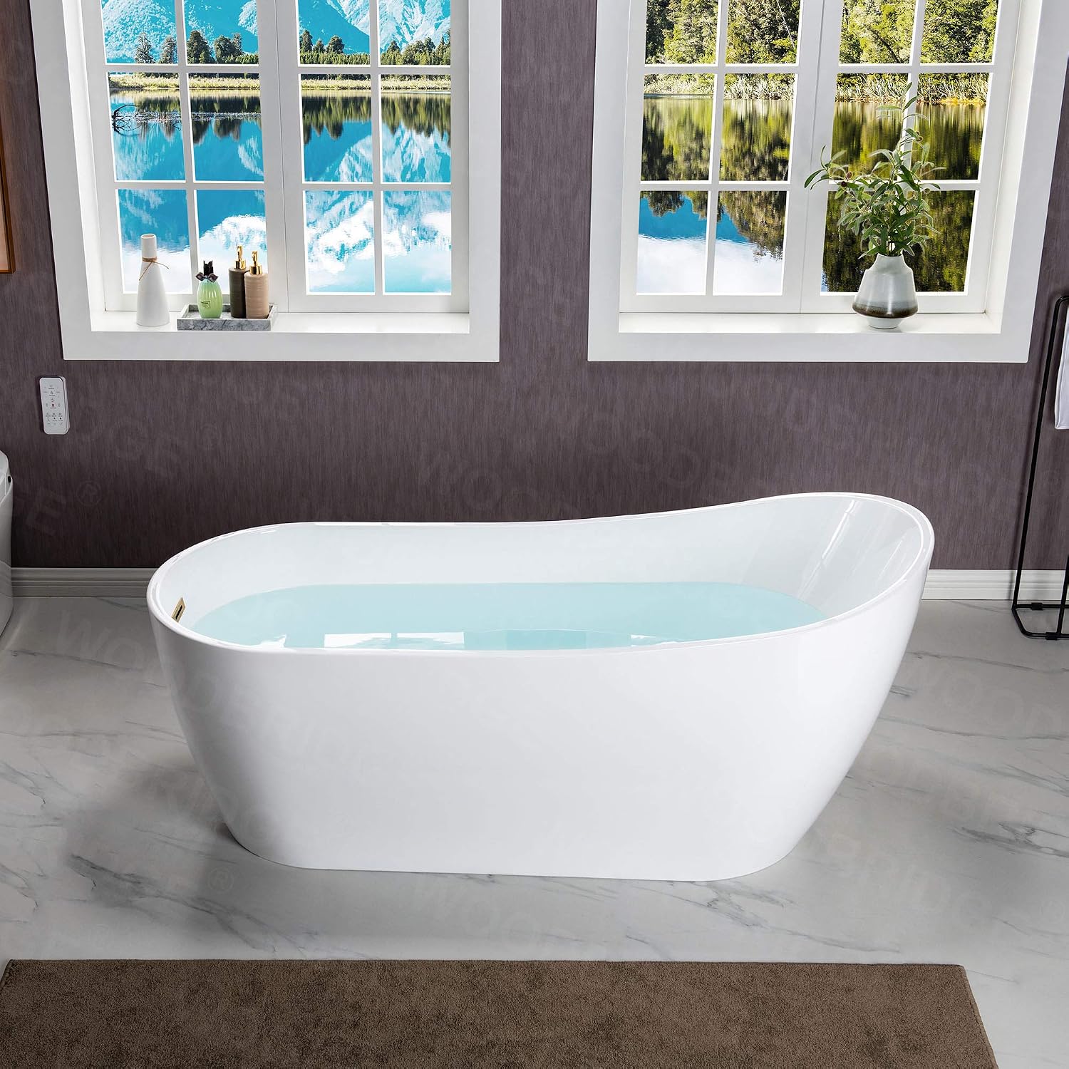 WOODBRIDGE 67'Freestanding White Acylic Soaking Bathtub with White Pillow,Drain and Overflow in Brushed Gold,BTA1508 -BG-Drain &O+ Pillow