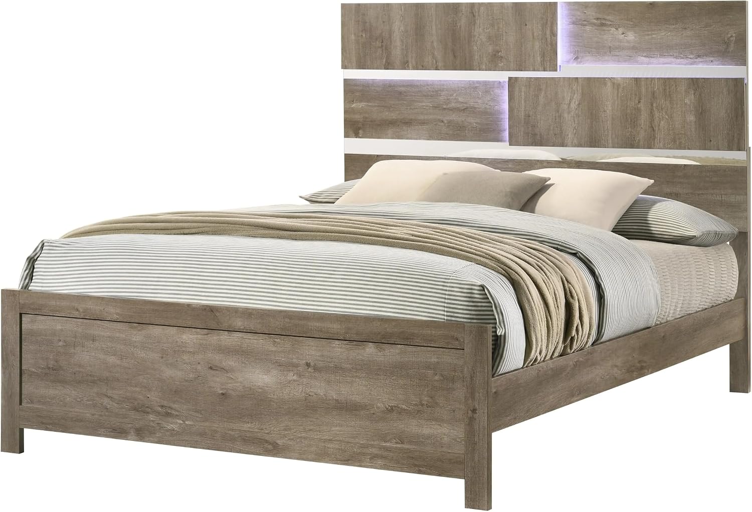 KB Designs - 5-Piece Bedroom Set with LED Panel Bed, Dresser with Mirror, Chest and Nightstand, Weathered Gray Oak Finish, Contemporary Rustic Design, King Size Bed