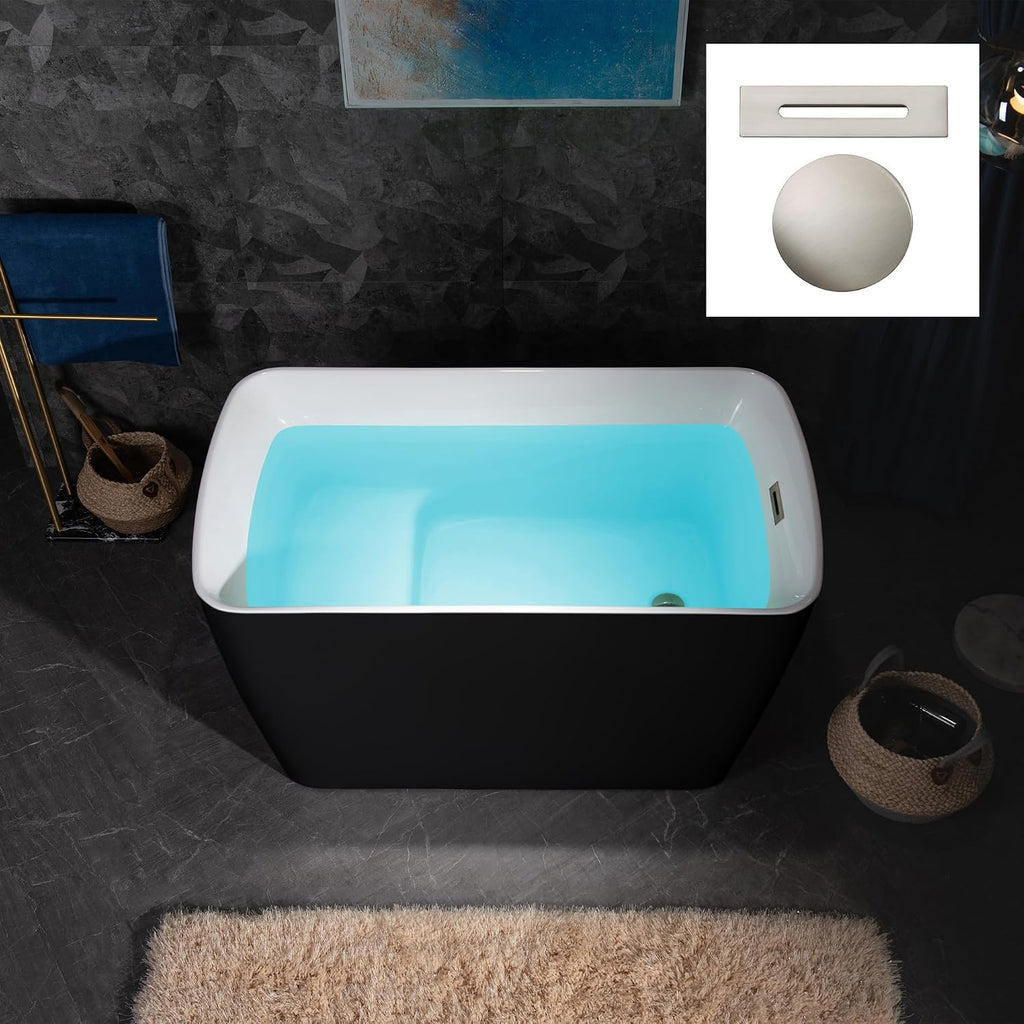 WOODBRIDGE 48' Acrylic Freestanding Square Shape Janpanese Soaking Tub with Pre-molded Seat and Brushed Nickel Pop-UP Drain and Overflow Option, Black, B1870