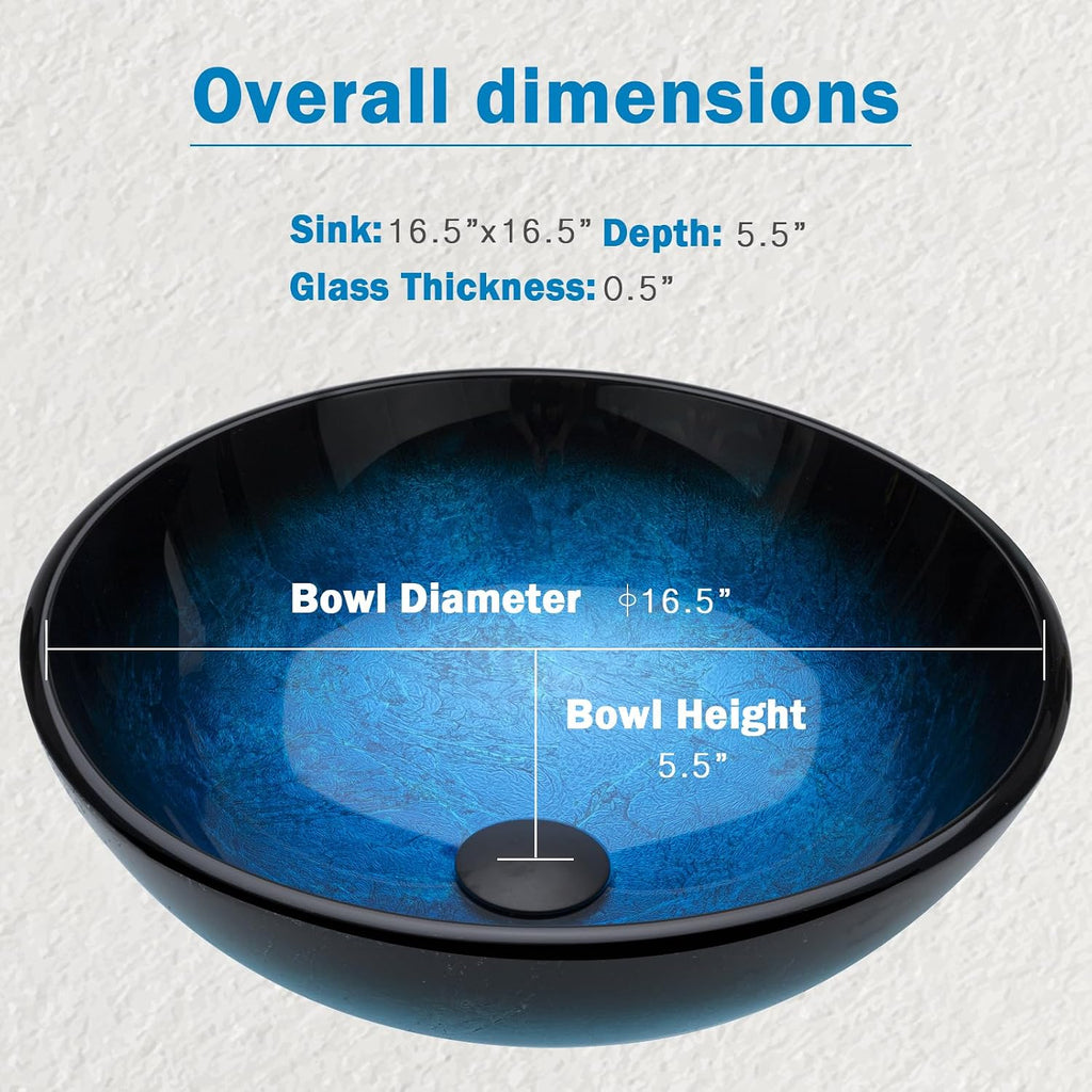 Design Vessel Sink Bathroom Sink above counter Small Vessel Sink Bathroom Sink Bowl Countertop Modern Sinks with faucet and drain combo 16.5' Round Blue New