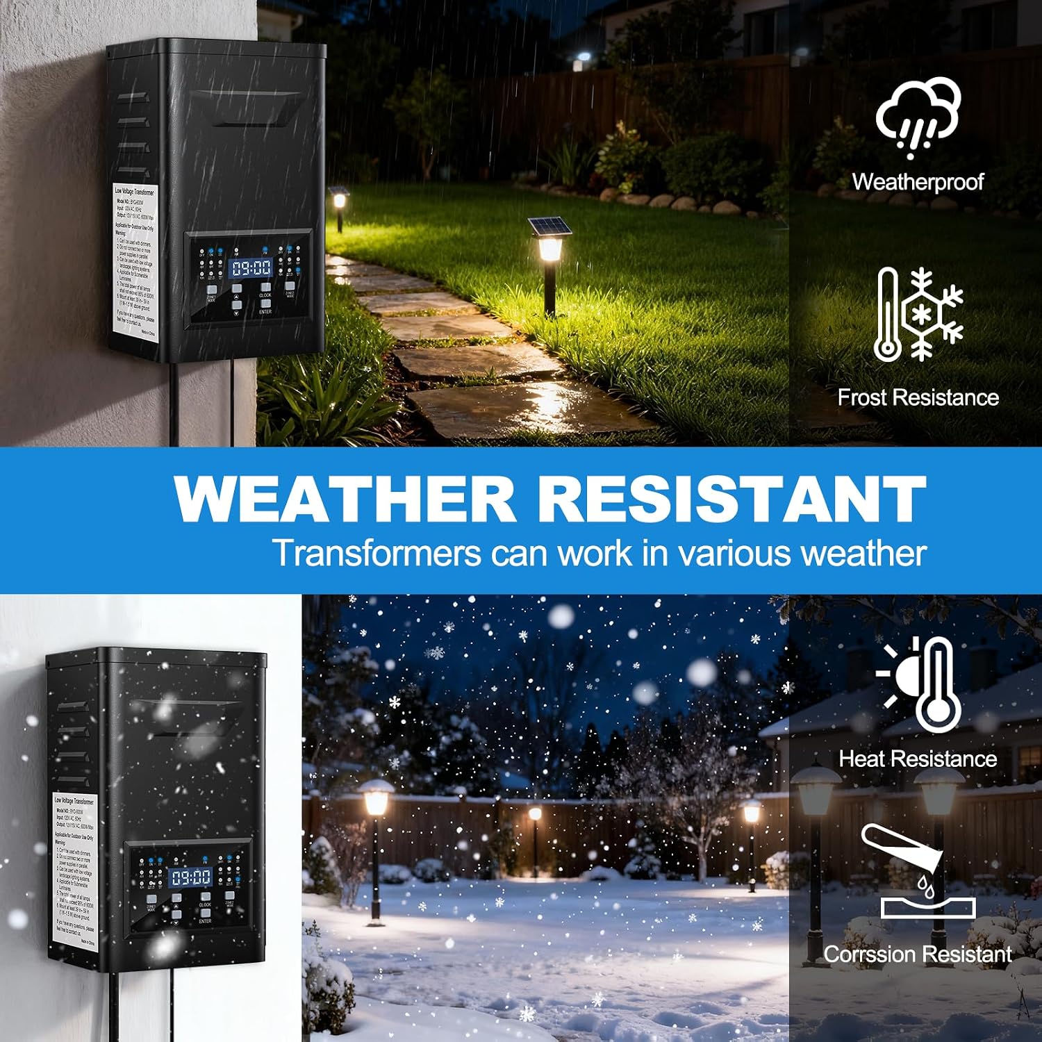 500W Low Voltage Landscape Transformer, 2 Zone Independent Timer & Photocell, 120V to 12V/15V AC, Stainless Steel Weatherproof Outdoor Landscape Lighting Transformer for Yard Garden Pathway Lights