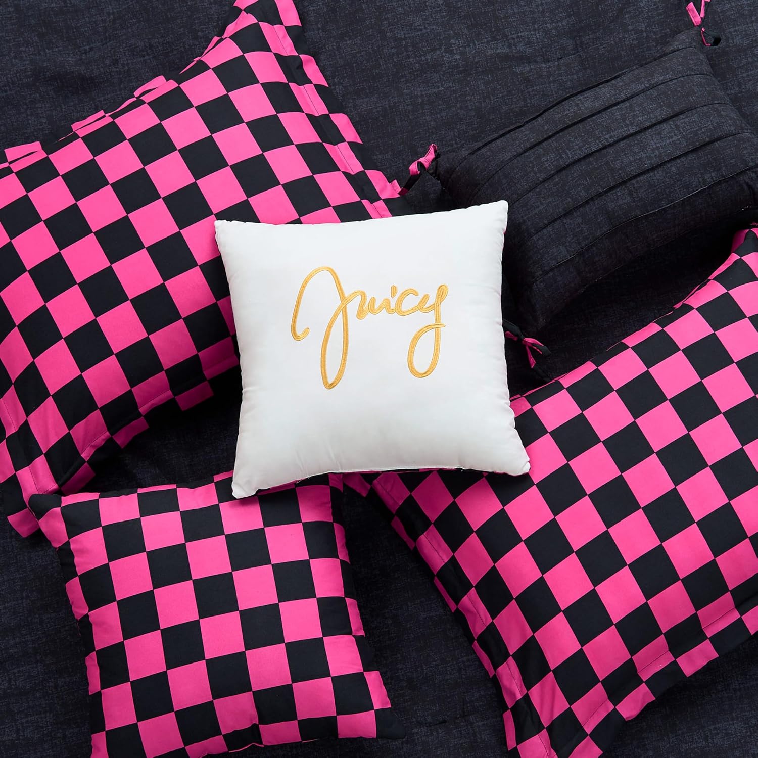 Juicy Couture Reversible Checkerboard Comforter Set 6-Piece King Set, Black/Hot Pink