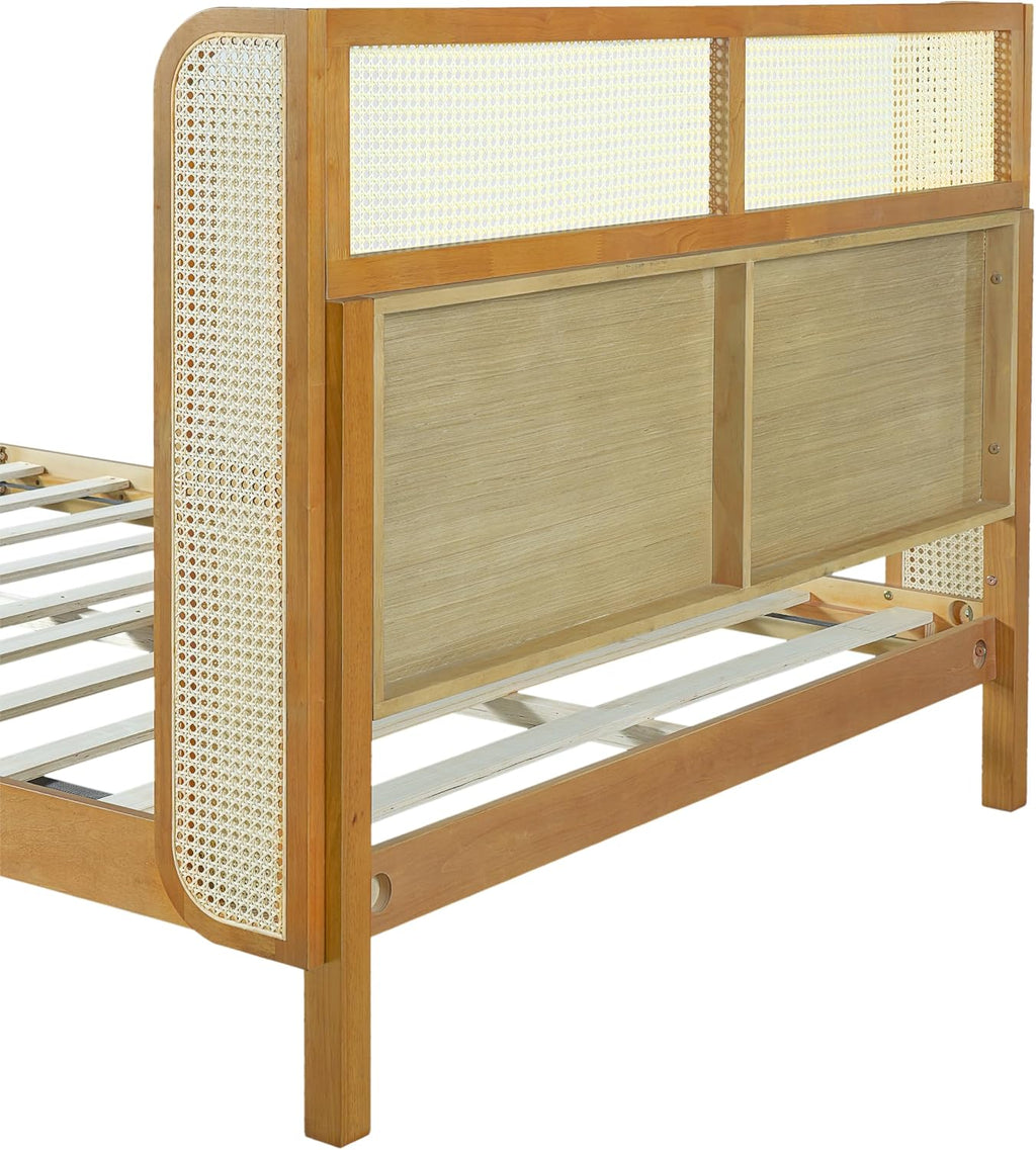 Merax Queen Size Premium Rubber Wood Platform Bed Frame, with Headboard, Mid Century Modern, Natural