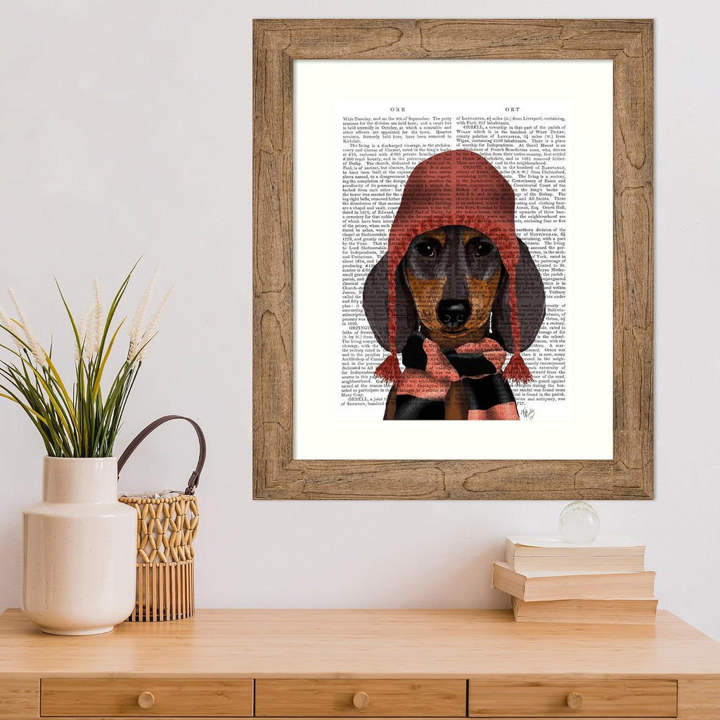 Amanti Art Framed Wall Art Print 24x20 Dachshund in Pink Hat and Scarf by Fab Funky, Animals Wall Art, Vintage Decor, Small Poster Painting Artwork for Living Room, Bedroom, Bathroom, Kitchen, Office