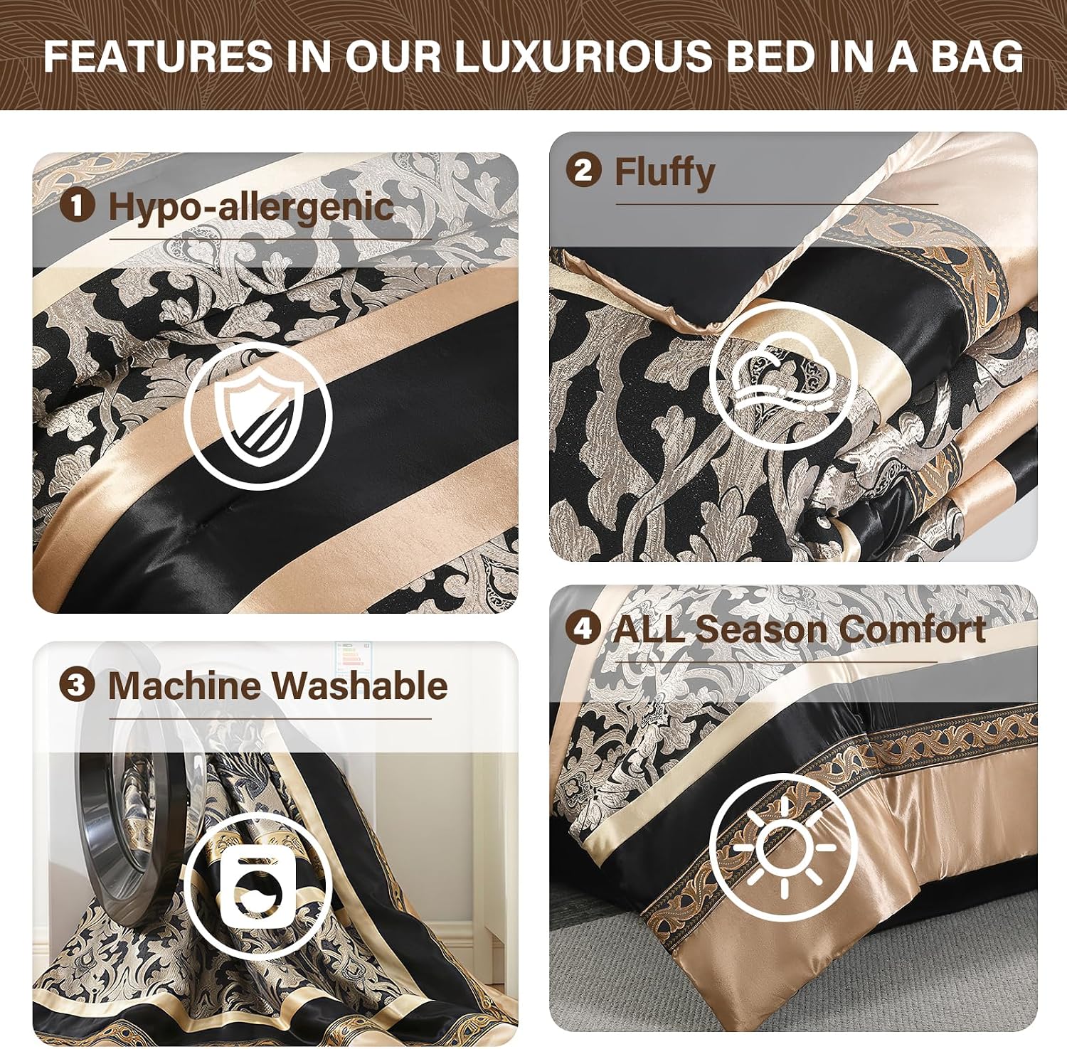 SahSahCasa 7-Piece Luxury King Comforter Set, Bed in a Bag King, Black and Gold Fluffy Jacquard Silky Comforter Bedding Set with Bed Skirt, Decorative Pillows, Elegant Reversible, Down-Alternative