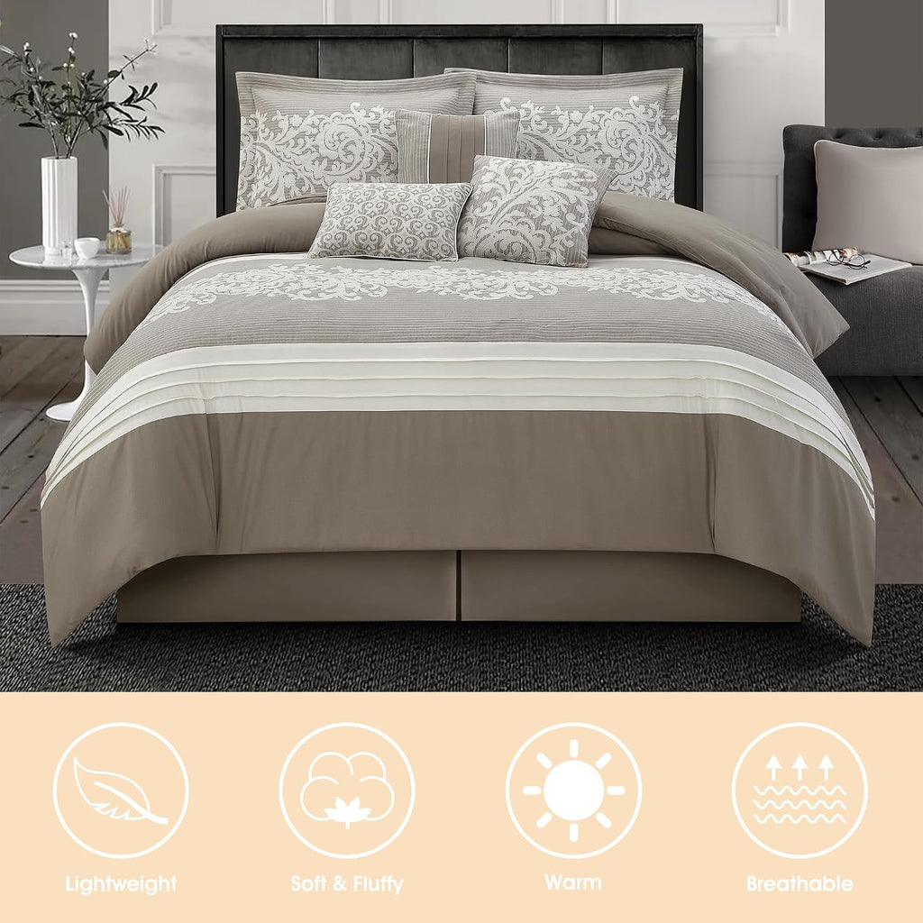 LANCO MODERN LIFESTYLE Taupe Comforter Set, Queen, Damask Jacquard with Matching Solid Piece Work, 7 Piece Soft Bedding Set for All Season, Bed Skirt, Pillow Shams and Decorative Pillows