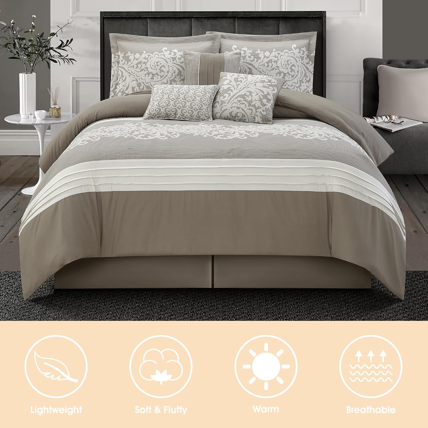 LANCO MODERN LIFESTYLE Taupe Comforter Set, Queen, Damask Jacquard with Matching Solid Piece Work, 7 Piece Soft Bedding Set for All Season, Bed Skirt, Pillow Shams and Decorative Pillows